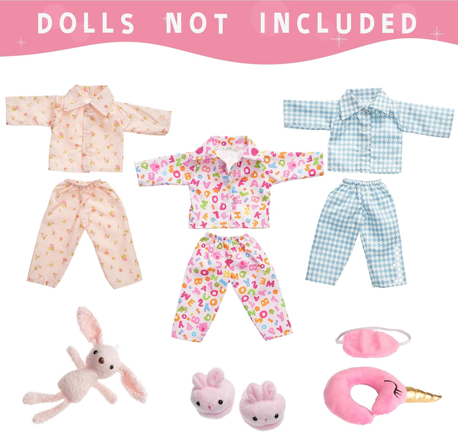American 18 Inch Doll Pajama Clothes and Accessories Set Includes 18 Inch Doll Clothes 3 Pajama Outfits Bunny Slippers Sleep Mask Unicorn Neck Pillow Plush Bunny Toy (No Dolls) image 4