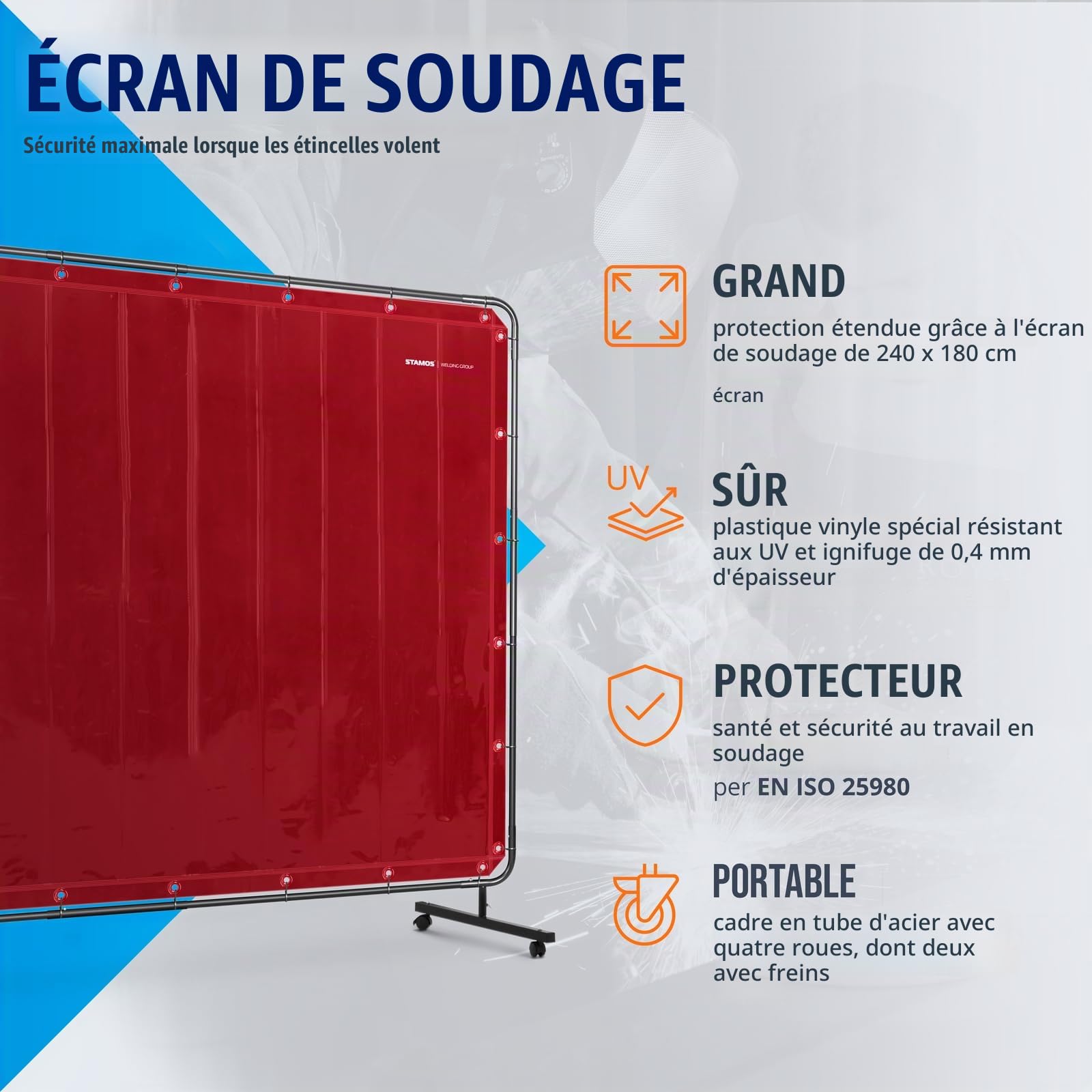 Stamos Welding Group Rideau De Soudure Bâche Ignifugée Écran De Protection Ignifugé Accessoire SWS04 (240 x 180 cm, Conformité EN ISO 25980, Coutures KEVLAR®, Vinyle 0,4 mm, Cadre En Acier Inclus)