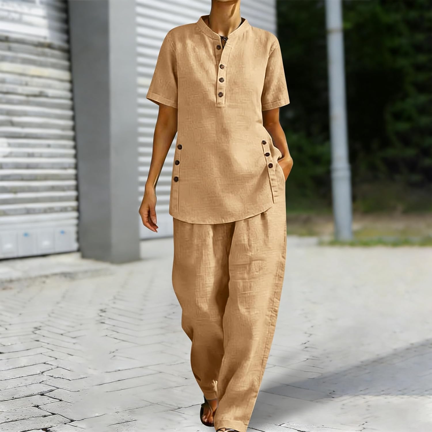 2 Piece Linen Set for Women Summer Cotton Beach Shorts Sets Button Down V Neck Short Sleeve Shirts Lounge Clothing