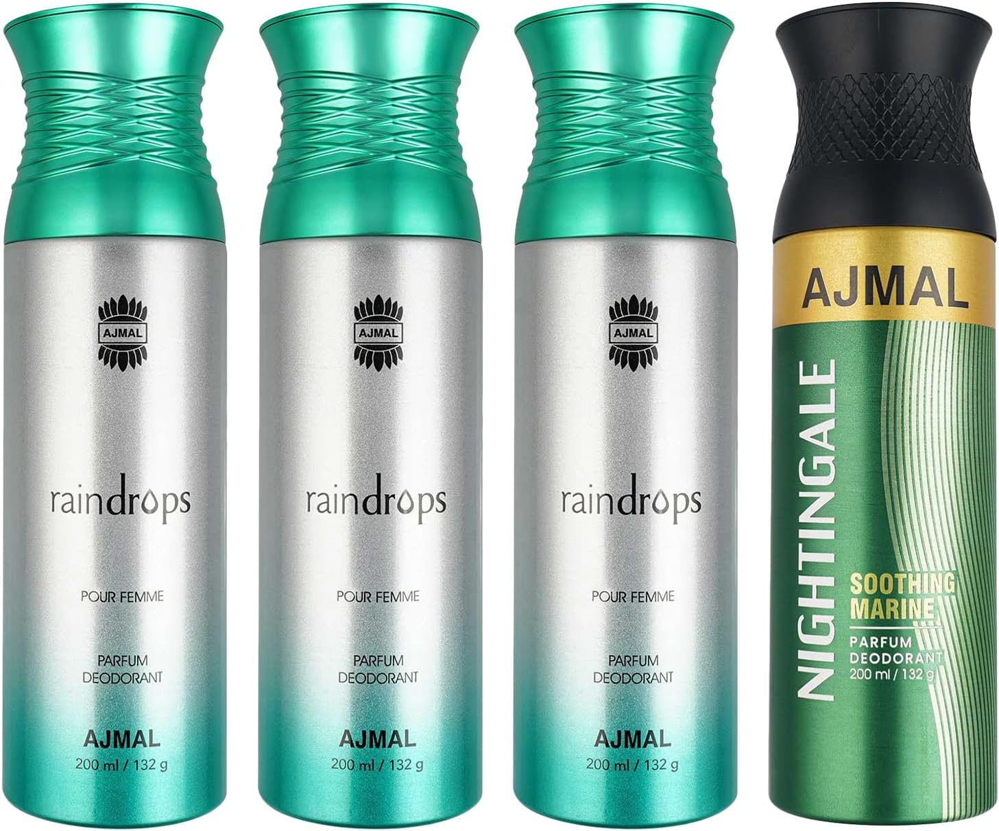 AJMAL 3 Raindrops Femme For Women And 1 Nightingale For Men & Women Deodorants Spray Each 200Ml Combo Pack Of 4 (Total 800Ml)