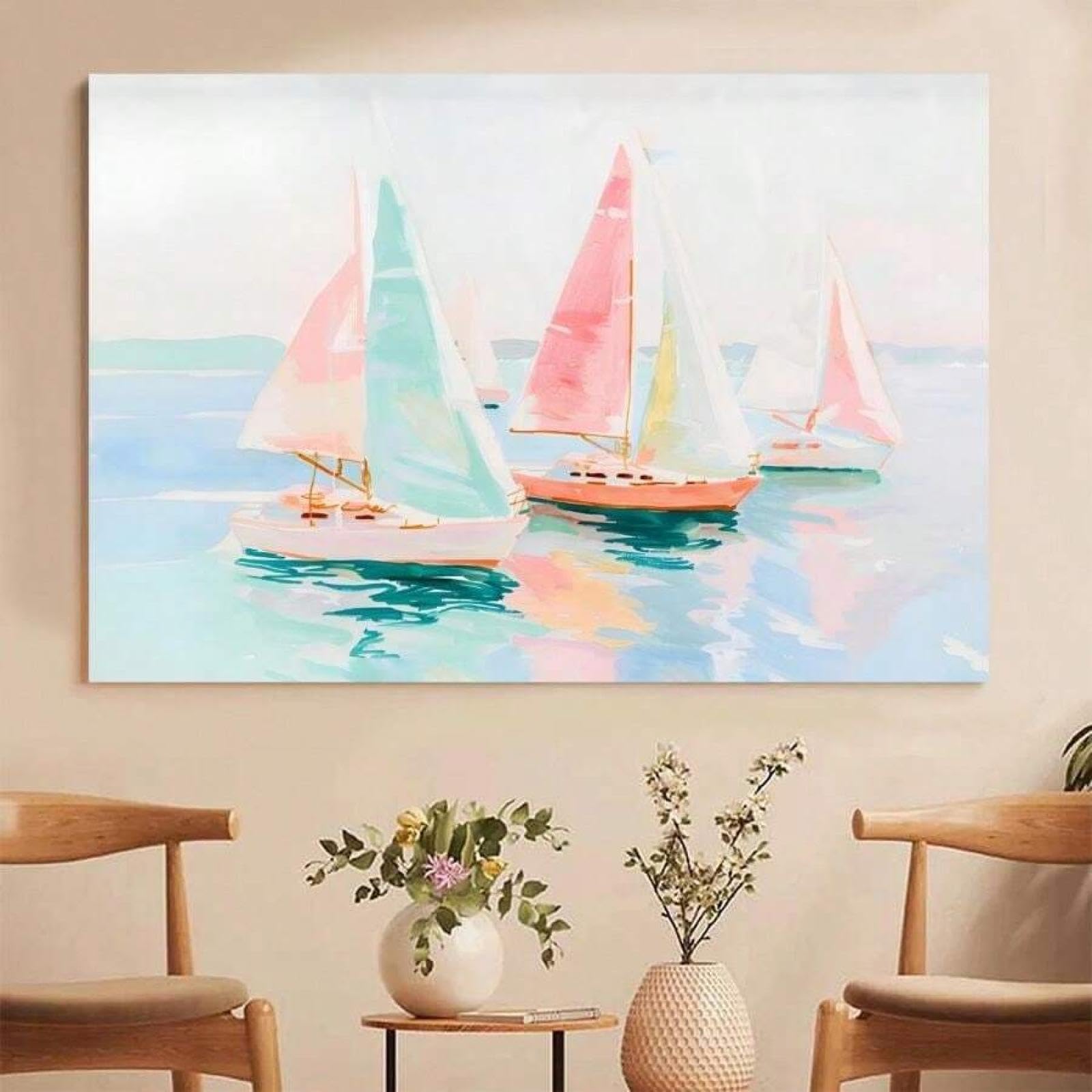 Bateaux colorés et pastel côtier : affiche océan rose à texture toile - 8