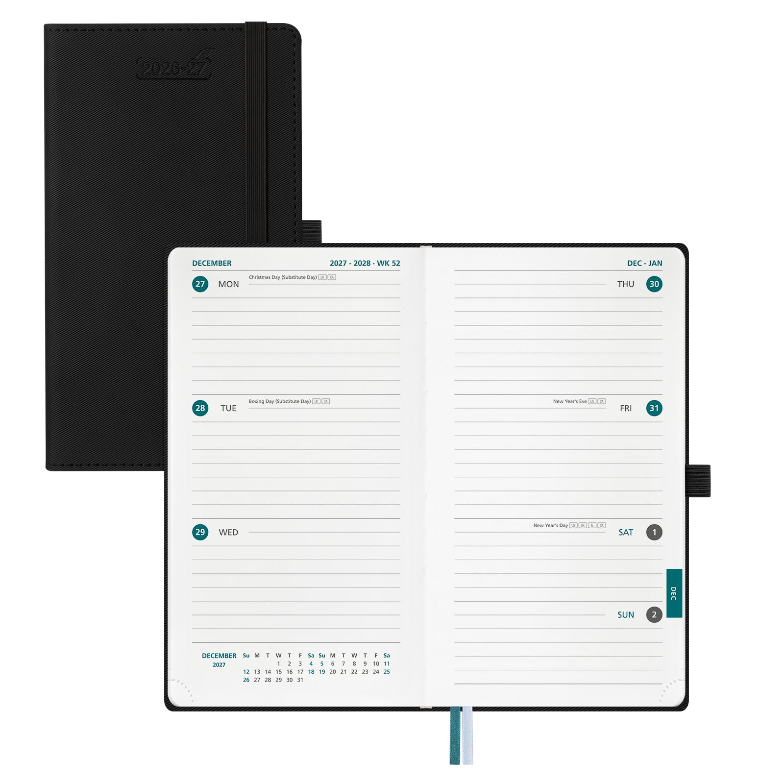 BEZEND Pocket Diary 2026-2027 Week to View (Jul'26 - Dec'27), Slim 17 x 9.5 cm. 18-Month Horizontal Weekly Planner with Pen Holder & Inner Pocket. for Work and Home. PU Leather Hardback - Black