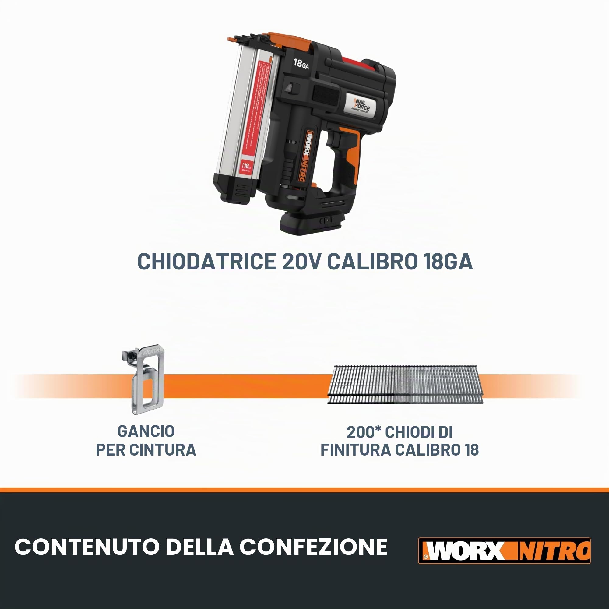 WORX NITRO WX842.9 Chiodatrice a batteria 20 V 18 GA – 80 chiodi/min – per chiodi da 15 – 50 mm – senza fili ad alta efficienza – risoluzione di inceppamento senza attrezzi