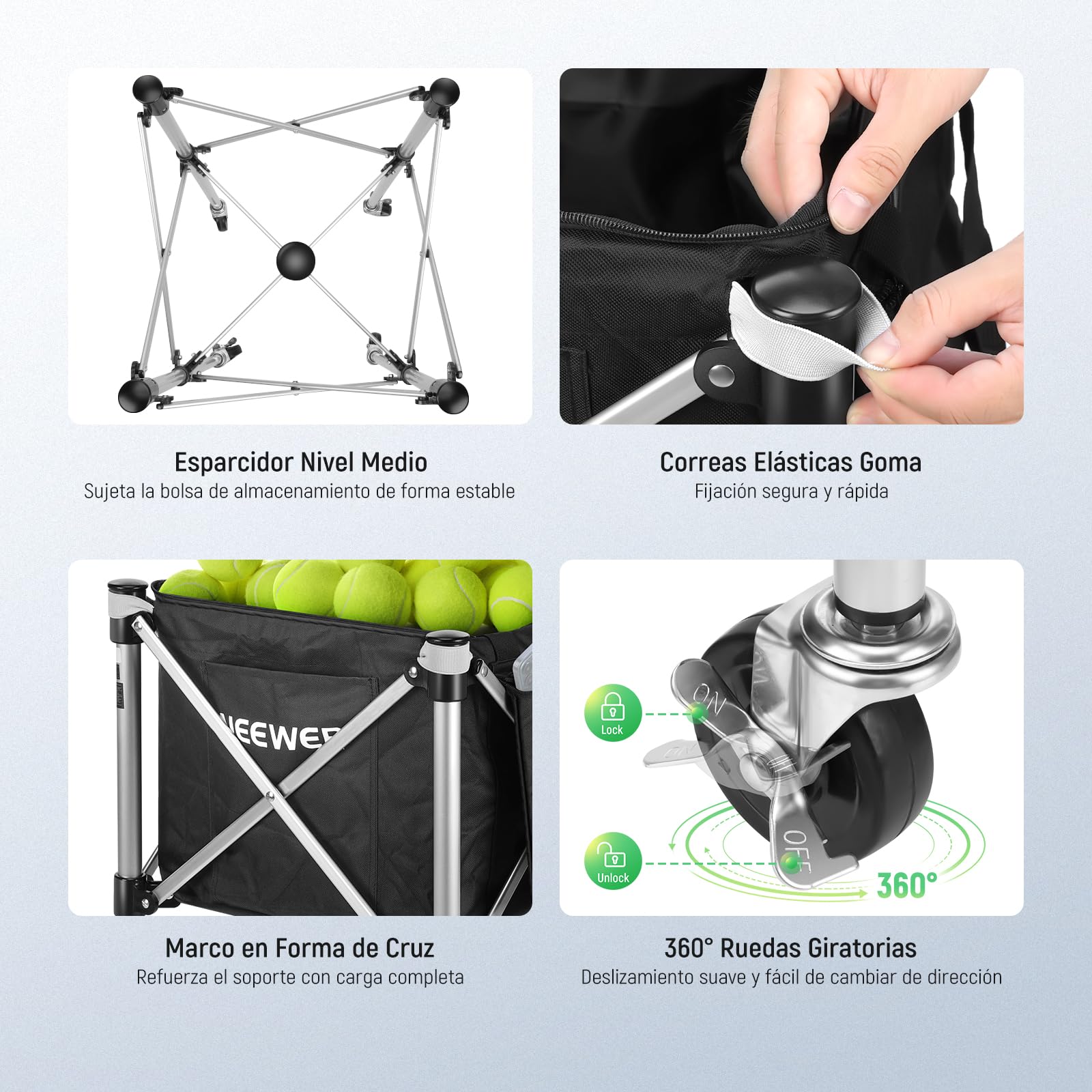 NEEWER Contenedor de Pickleball con Ruedas, Plegable Poliéster Picker Upper Hopper Carrying Basket Cart Holder con Bolsillo Lateral