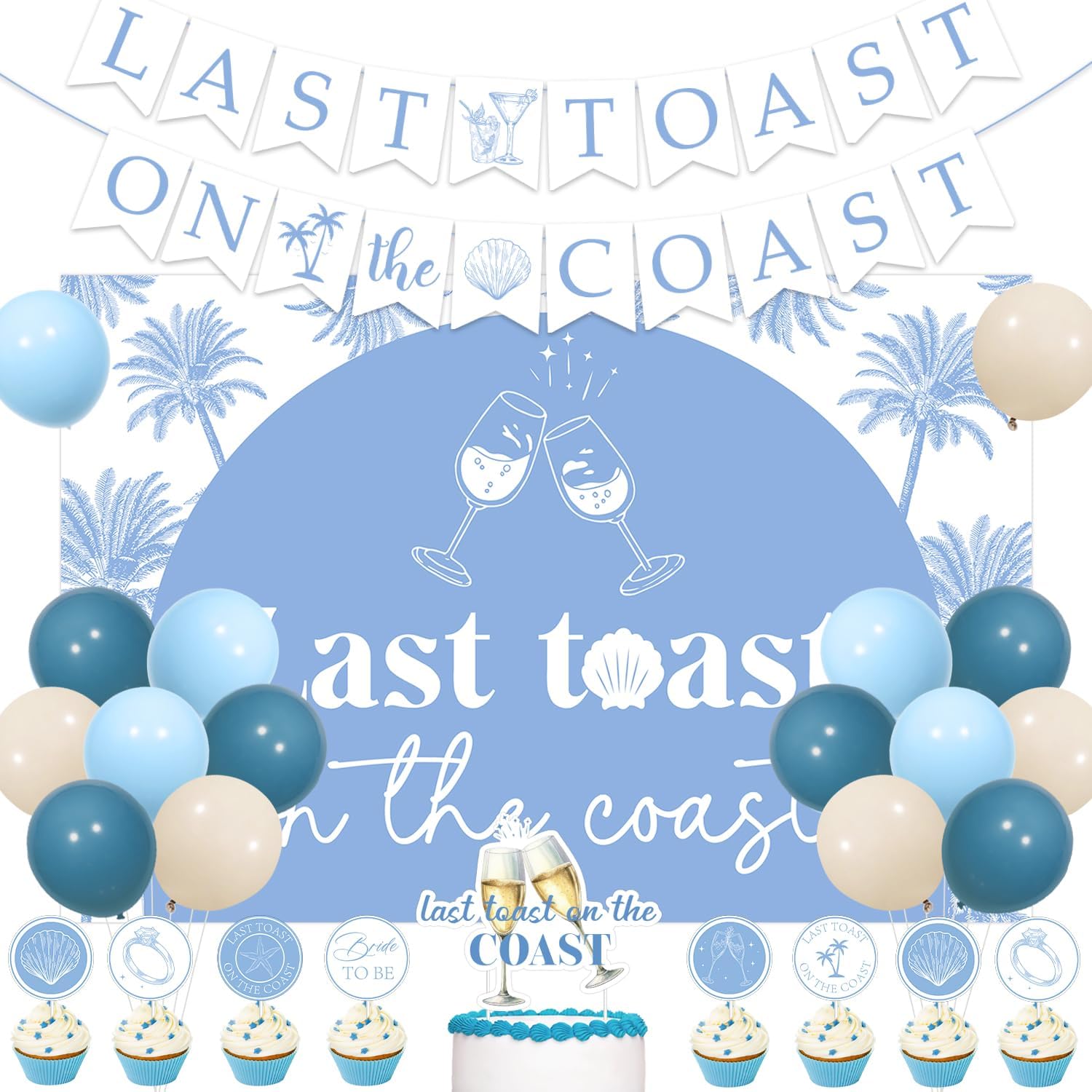 Last Toast on the Coast Decorations Coastal Themed Bachelorette Party Decor Blue Champagne Shell Palm Backdrop Banner Cake Cupcake Toppers Blue Latex Balloon for Women Summer Beach Engagement Supplies
