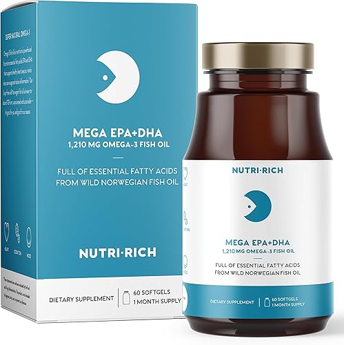 Miniatura 1 de Nutri-Rich Aceite de pescado omega-3 de 1210 mg  EPA y DHA para la salud del corazón, cerebro y articulaciones  Alta potencia, sin eructos, sabor a