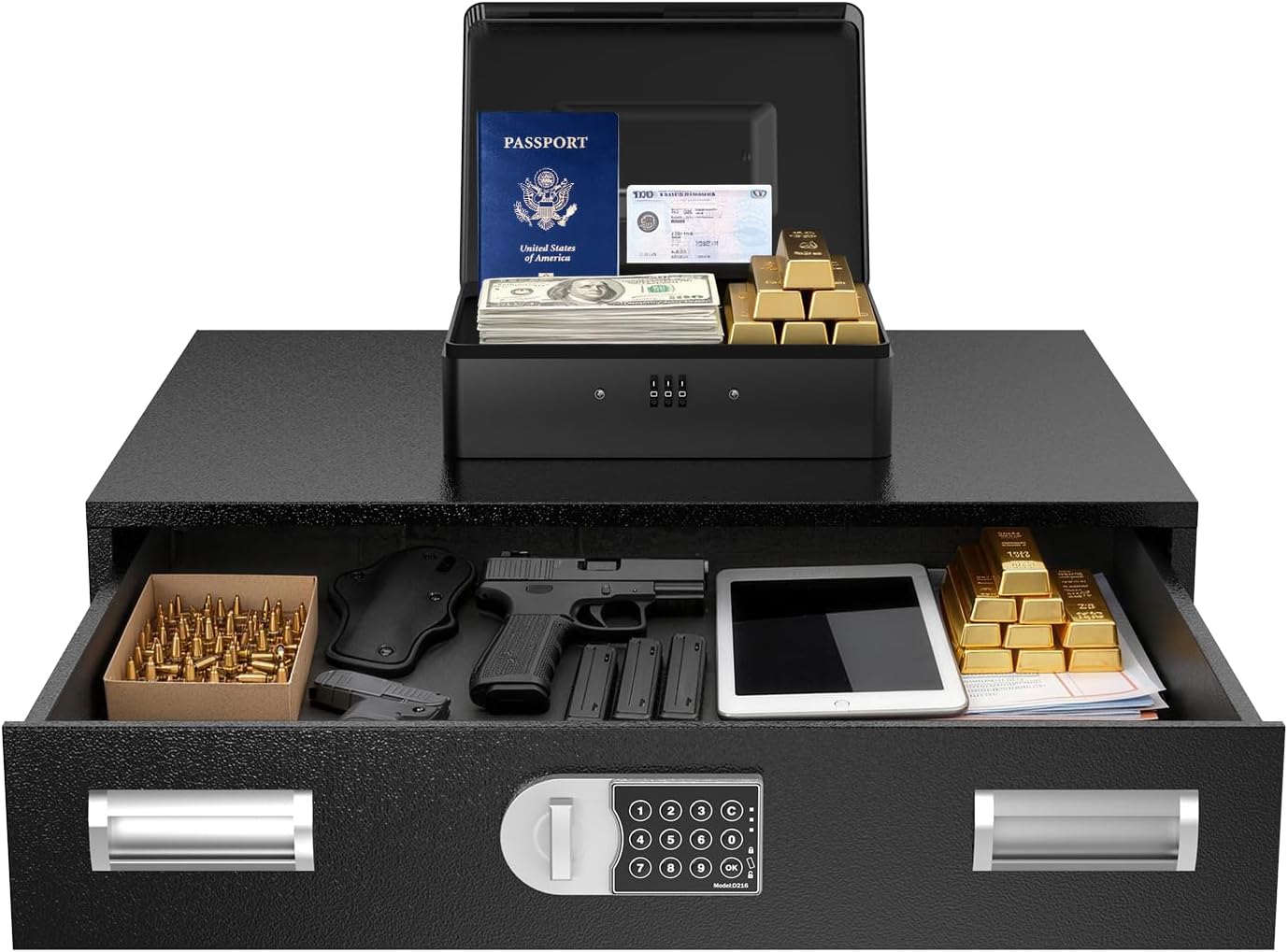 POCHAR Under Bed Gun Safe Drawer for Pistol - Long Steel Security Cabinet Storage for Home Car Trunk Vehicle - Underbed Safe Lock Box Set for Handgun, Ammo, Jewelry and Valuables