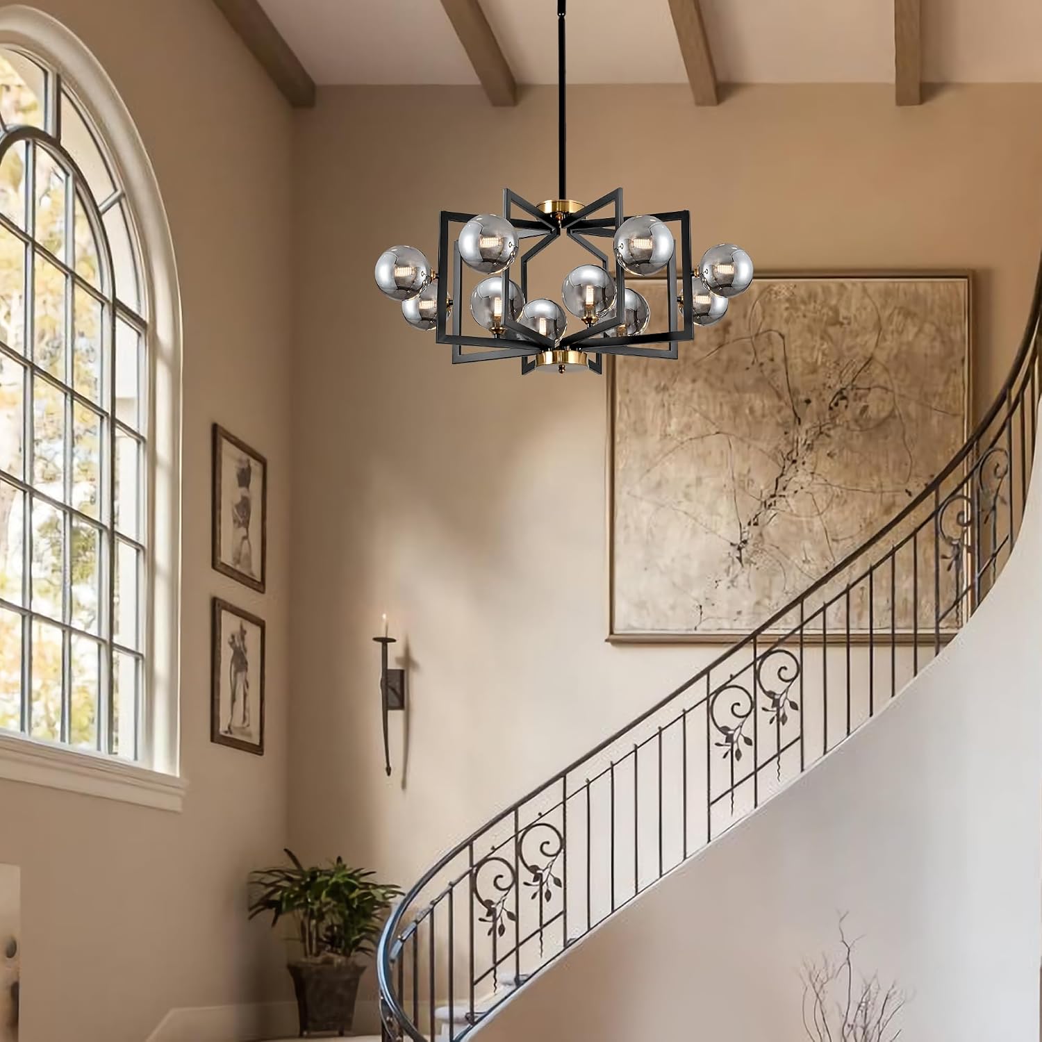 Black Chandeliers for Dining Room Light Fixture12 Light Black Pendant Light Fixture Geometric Dining Room Chandelier Modern Farmhosue Chandelier with Smokey Gray Globe for Foyer Entryway kitchen