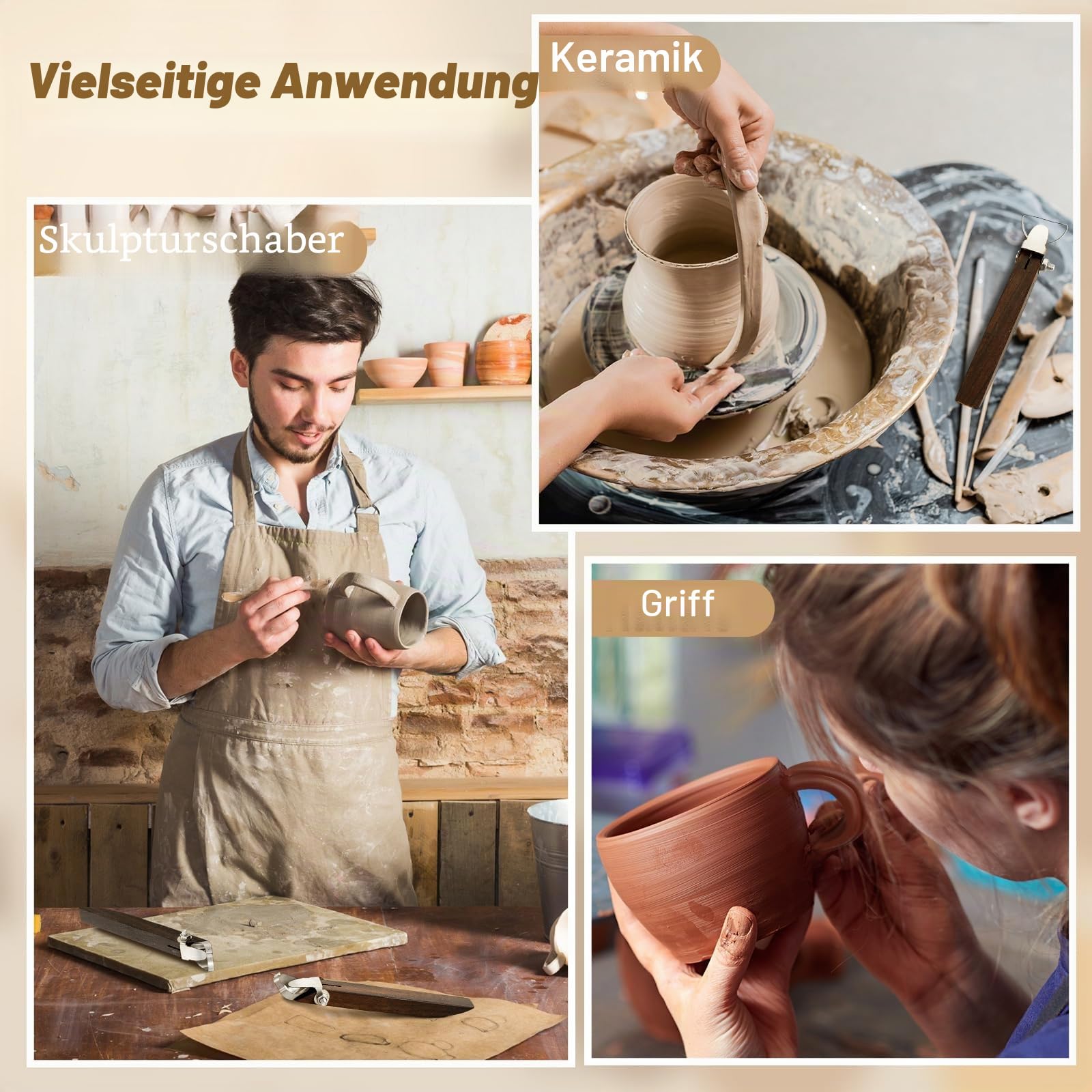 Therwen 5 Stück Skulpturenschaber Ton-Extruder-Werkzeug, Töpferei, Schnitzerei, Tassengriff, Formwerkzeug, Teetasse, Tasse, Handgriff, Tonschneider mit Holzgriff für Tassenherstellung,
