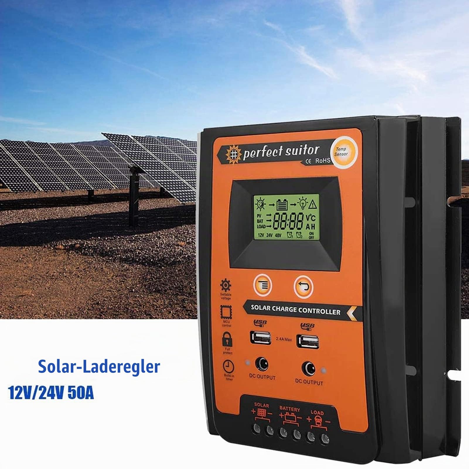 MPPT Solarregler, 12V / 24V LCD Display Solar Laderegler mit Dual USB Port Automatische Identifizierung Systemspannung(70A)