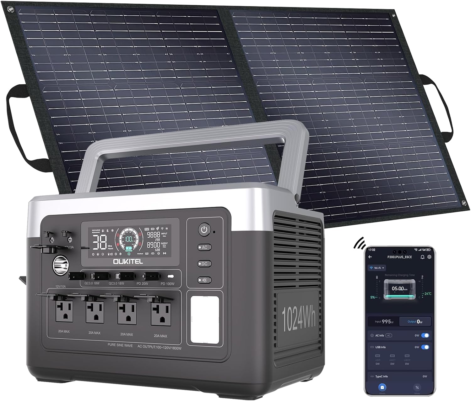OUKITEL P1000 Plus 1024Wh Photo voltaic Generator with 4 AC Shops (3600W Peak), 1800W Energy Station with 100W Photo voltaic Panel, 1200W Quick Charging, APP Management Battery Backup for House, Tenting & RVs