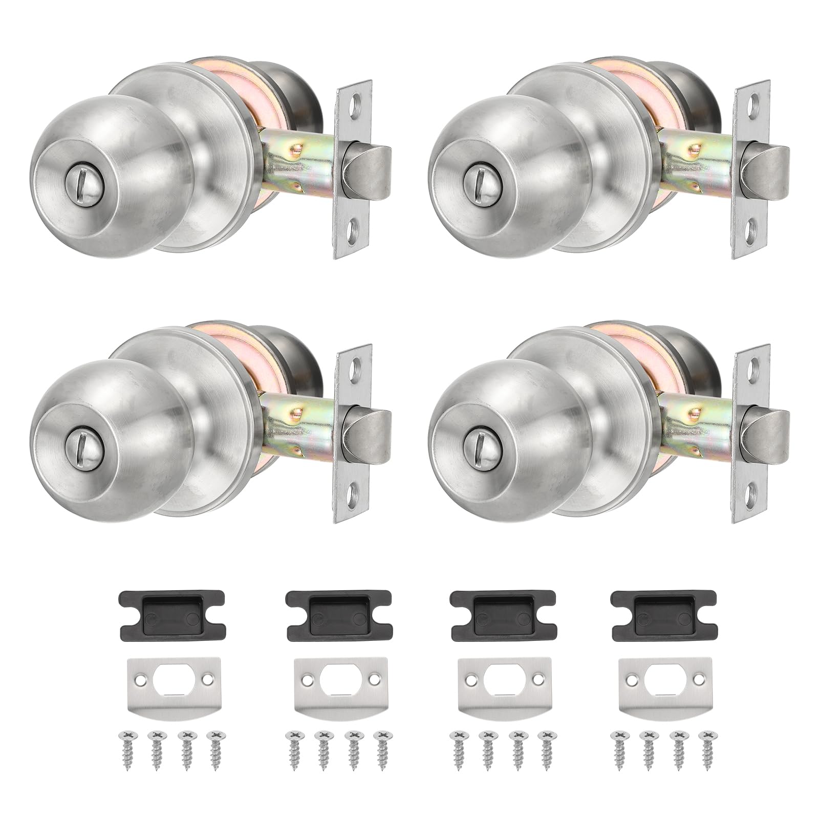 Poignées de porte rondes en acier inoxydable argenté pour chambre et salle de bain | Lot de 4