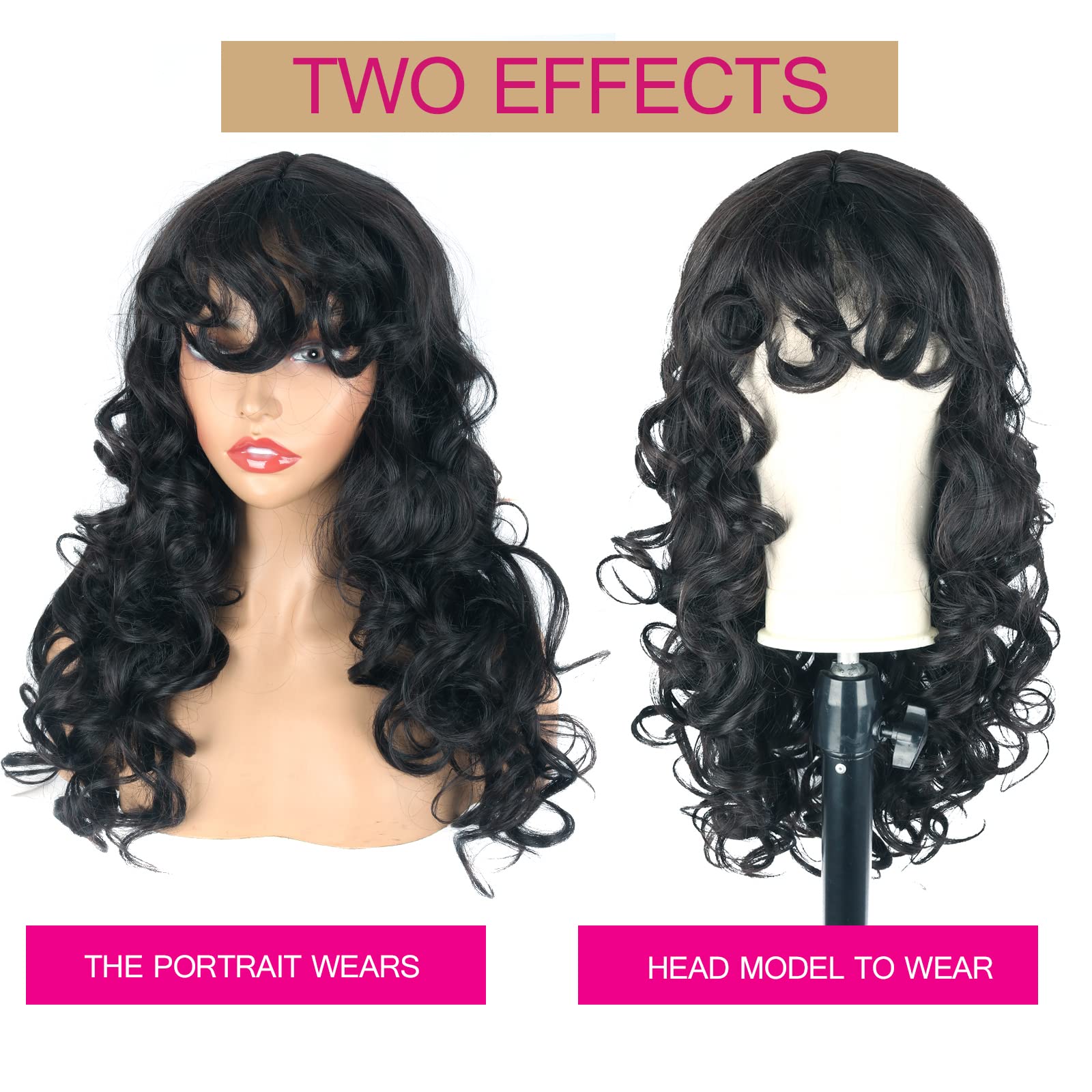 High Quality  BLACK long CURLY Wig w/ bangs Relena 30 Black Curly Wig with Bangs | Heat Resistant  main image 2