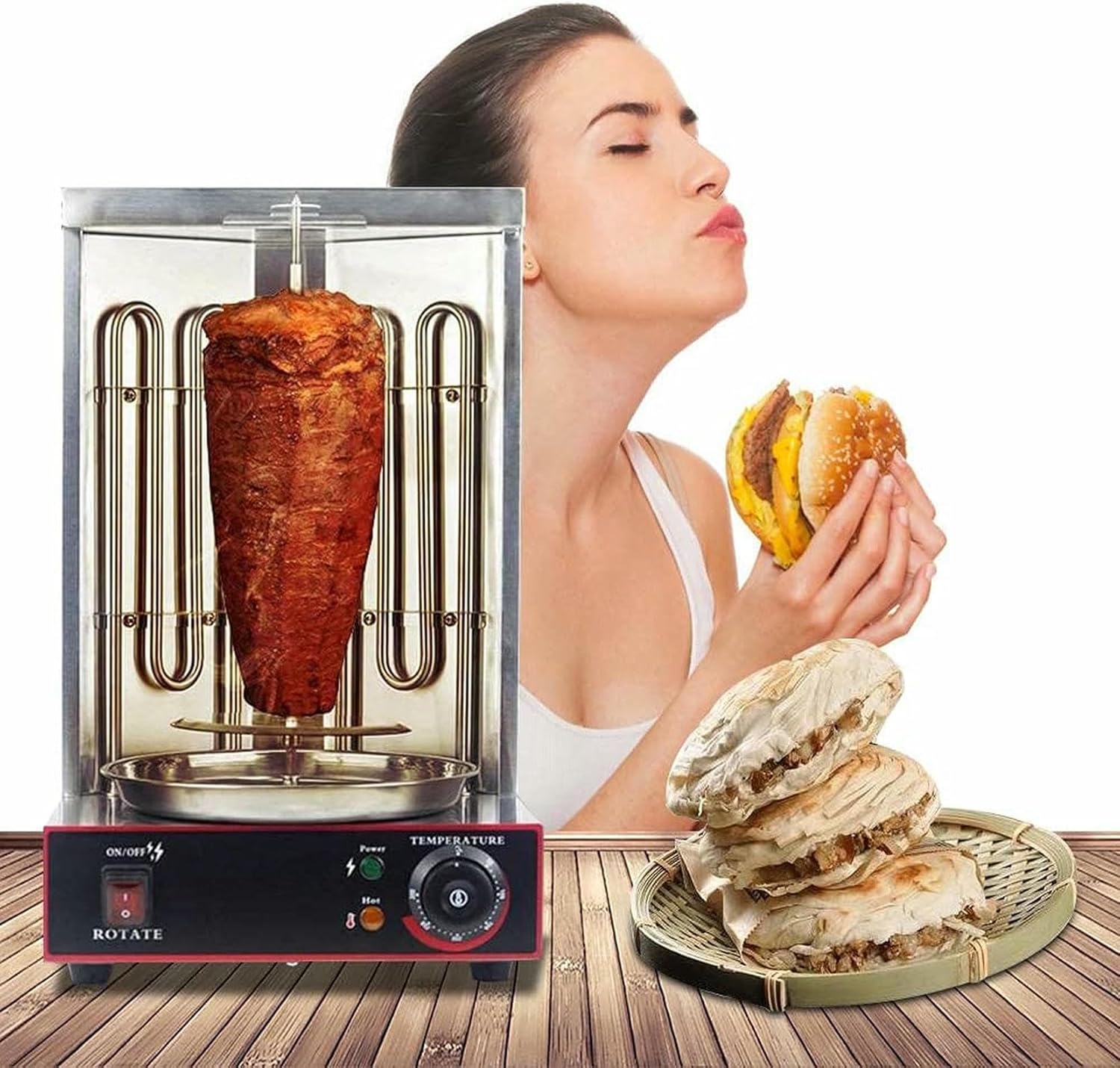 Commercial Stainless Steel Vertical Electric Grill with 2 Burners - Temperature Switch Restaurant Grill with Vertical Design for Fast Cooking