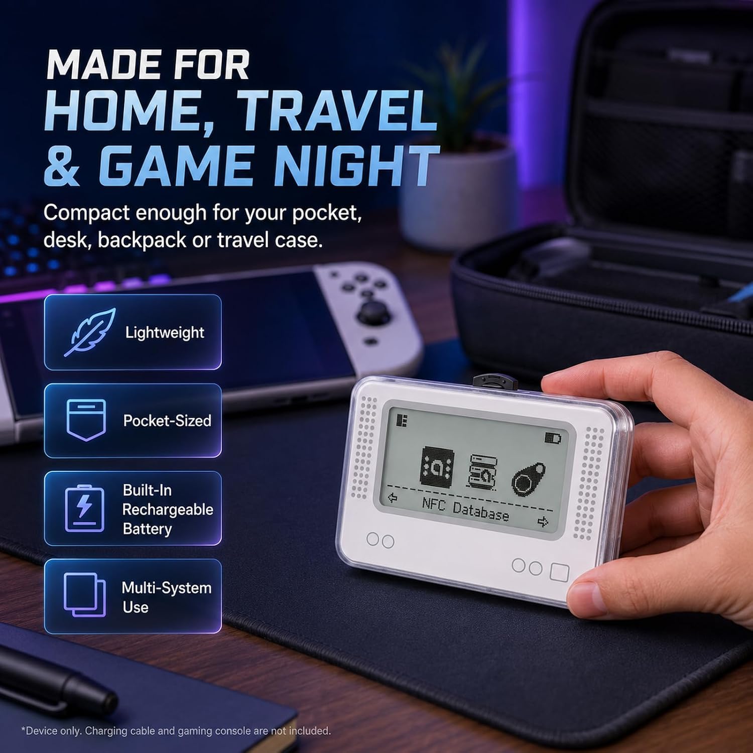 NFC Emulator Compatible with Switch, Wii U & 3DS, Game Data Writer with 4000+ Saves, 70+ Game Support, Unlimited Rewrites, 1.2" LCD, USB-C Charging, Portable Gift for Gamers