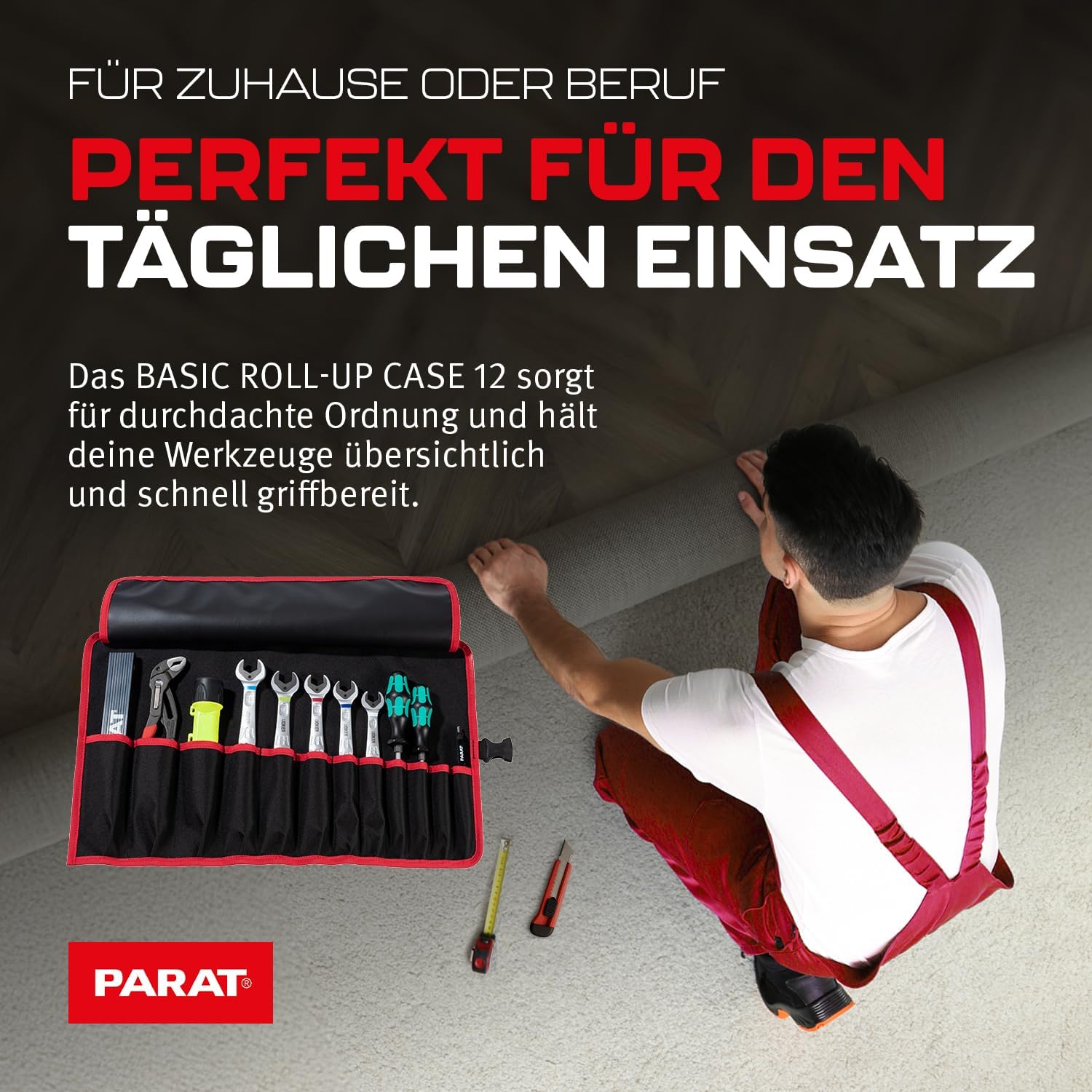 PARAT Basic Roll-Up Case 12 | Roll Bag for 12 Tools Made of Nylon | Compact Tool Bag with Buckle | Empty Tool Roll for Craftsmen | Premium Tool Bag Black