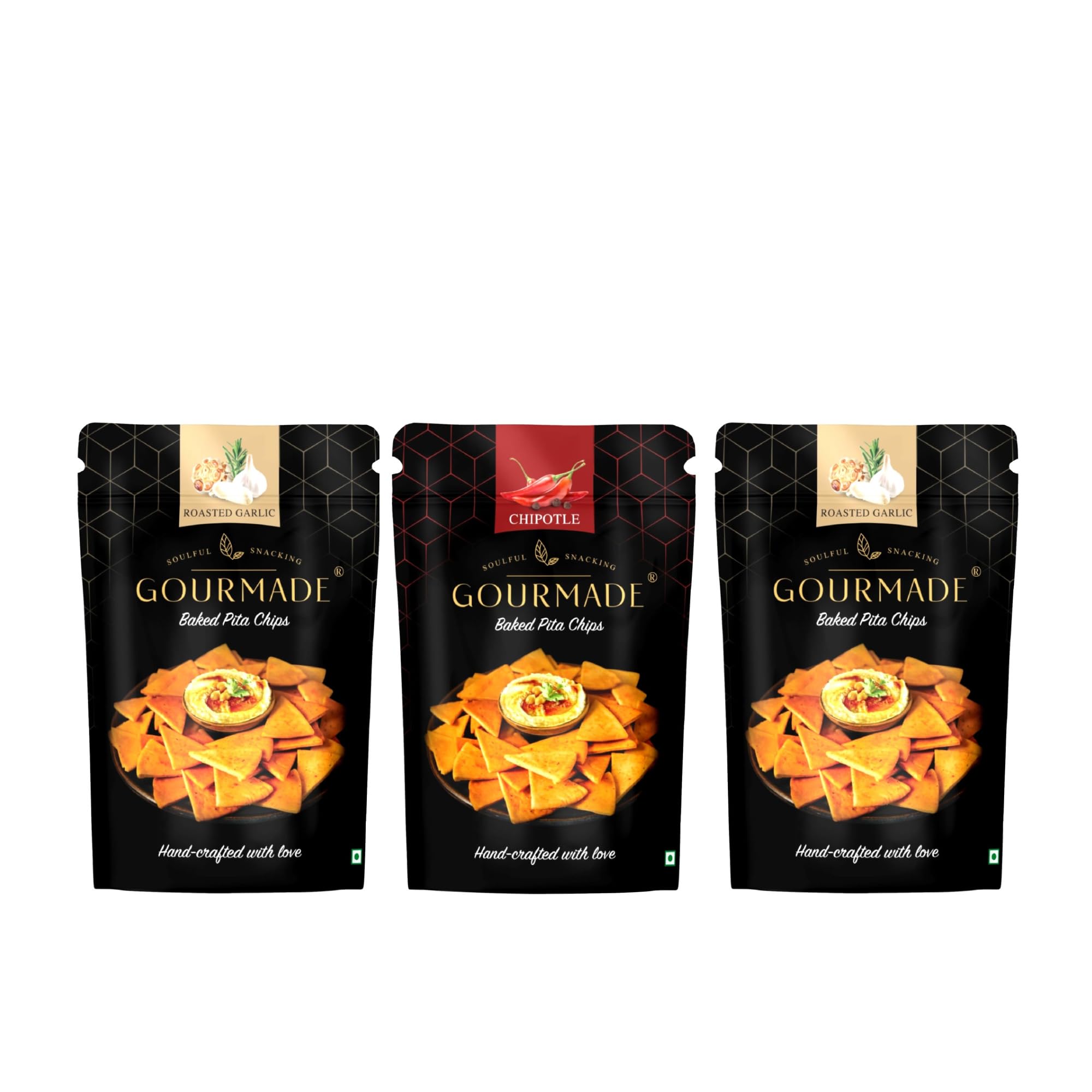 Pita Chips Snacking Combo, 375g | 2 x Roasted Garlic and 1 x Chipotle (125gms ecah - Pack of 3) | Baked Chips | Bar Party Snacks | Dip Chips | Starter Chips | Nachos & Tortillas