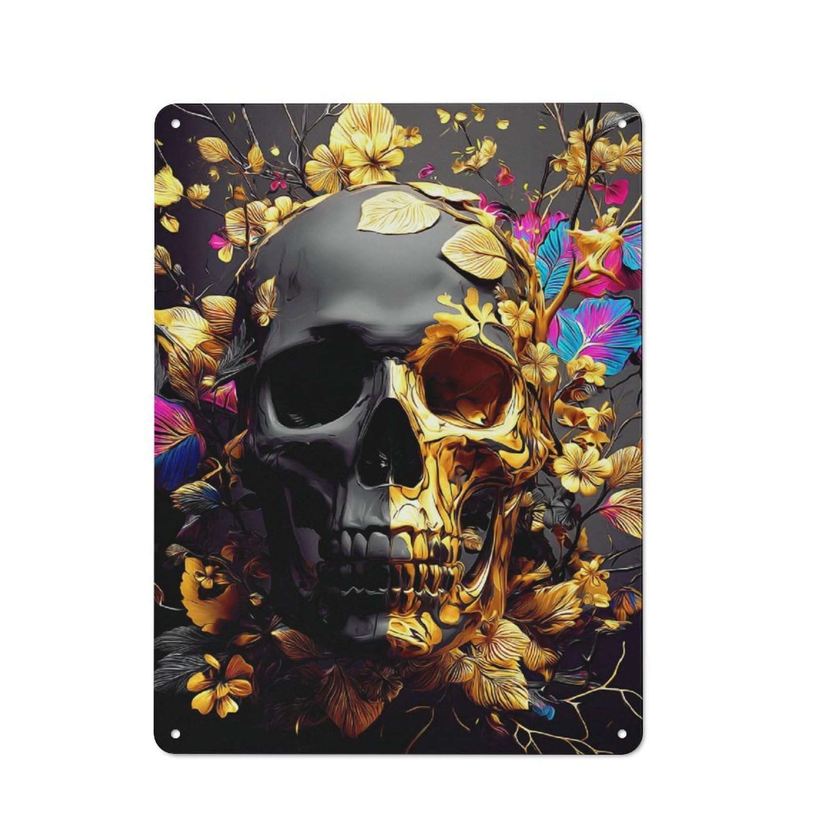 Junmoney Golden Skull With Vibrant Flowers 40X30cm Retro Metal Plaque With For Garage Or Workshop, Housewarming Present For People Styling Garage And Workshop