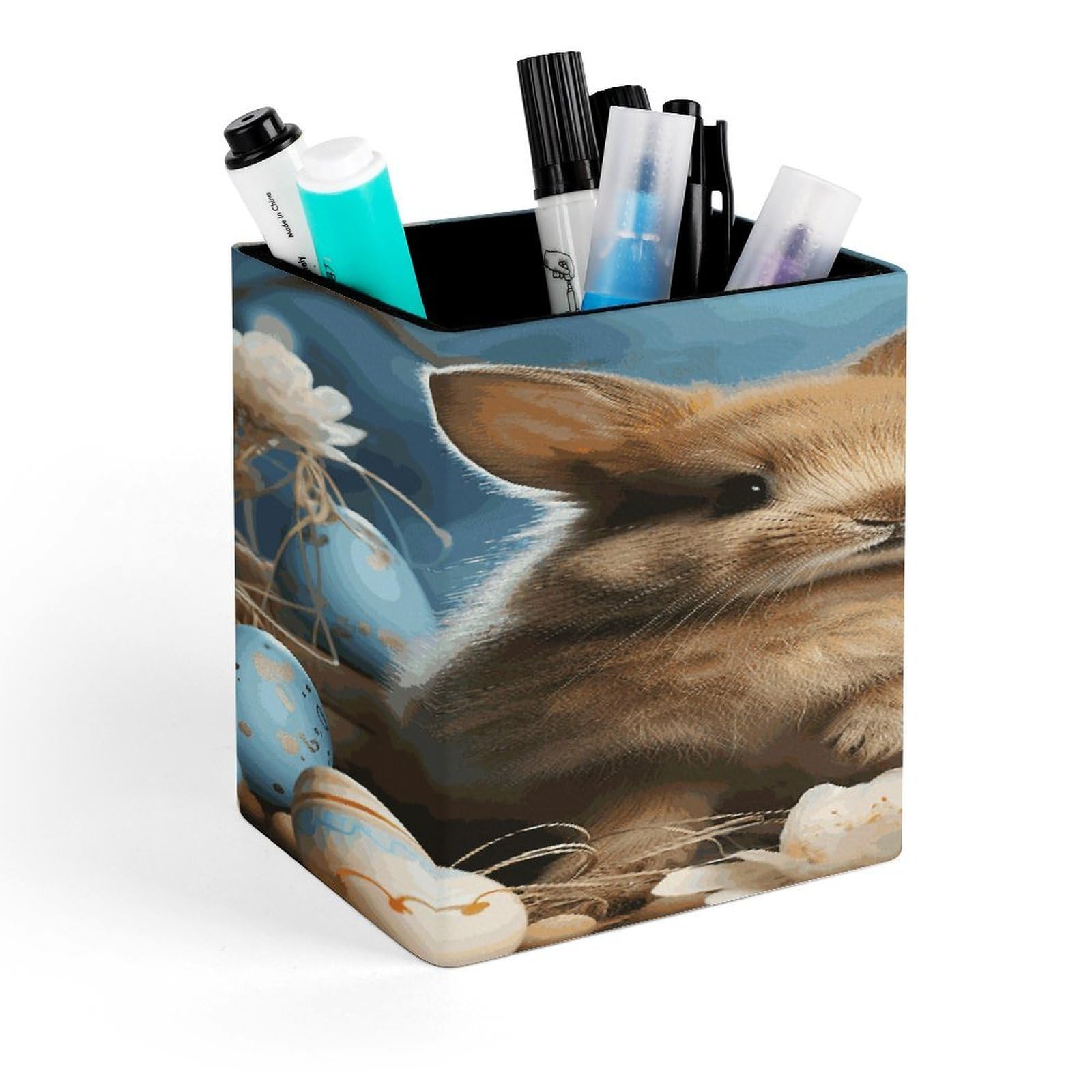 FekiLoot Square Cute Easter Eggs Rabbit Pen Holder PU Leather Pencil Cup Desk Organizer Cute Makeup Brush Storage Organizer Modern Design Office Accessories Container Box 4.3x 3.5x 3.1 in
