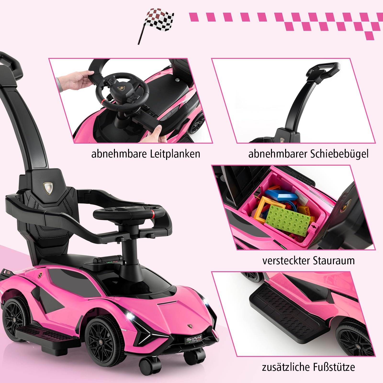 COSTWAY 3-in-1 Lamborghini Rutschauto, Schiebauto mit Scheinwerfern & Musik & Stauraum, Rutschfahrzeug mit abnehmbaren Schiebegriff & Universalrädern, Rutscher Auto für Kinder ab 1 Jahr (Rosa)