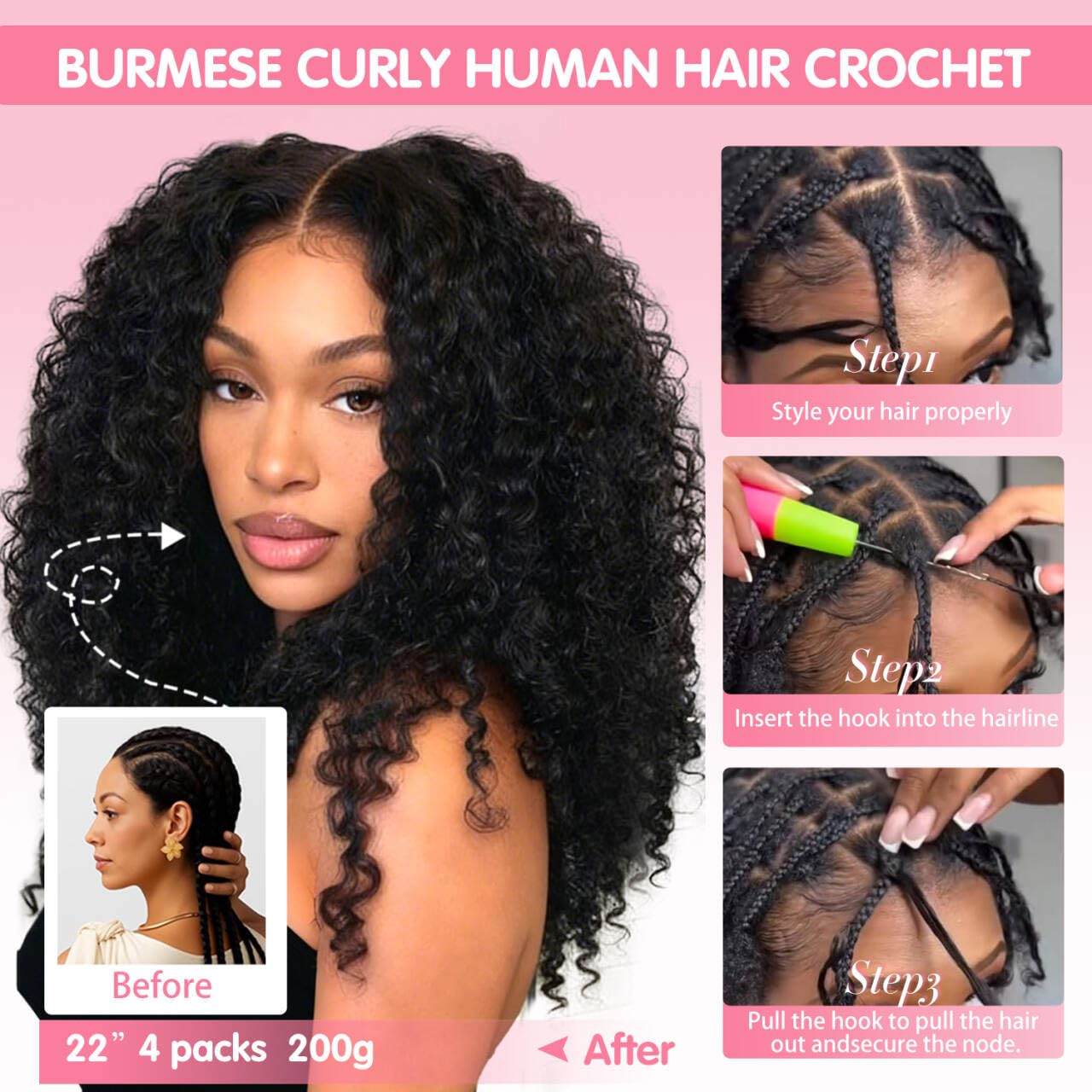 Human Crochet Hair 16 Inch Burmese Curly 180g Pre-Separated Feather Crochet Amazon.com : Beauty Queen Burmese Curly Crochet Human Hair  main image 3