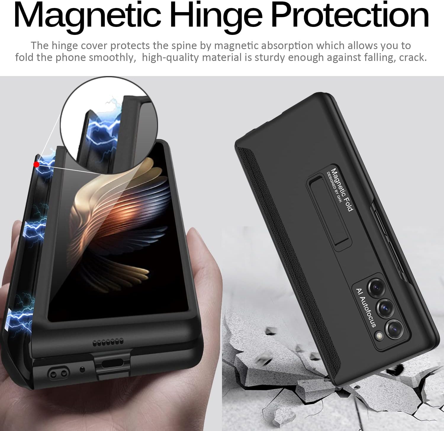 Miimall Galaxy Z Fold 2 Case with Kickstand, Magnetic Hinge, Hard PC Bumper Protection - Black