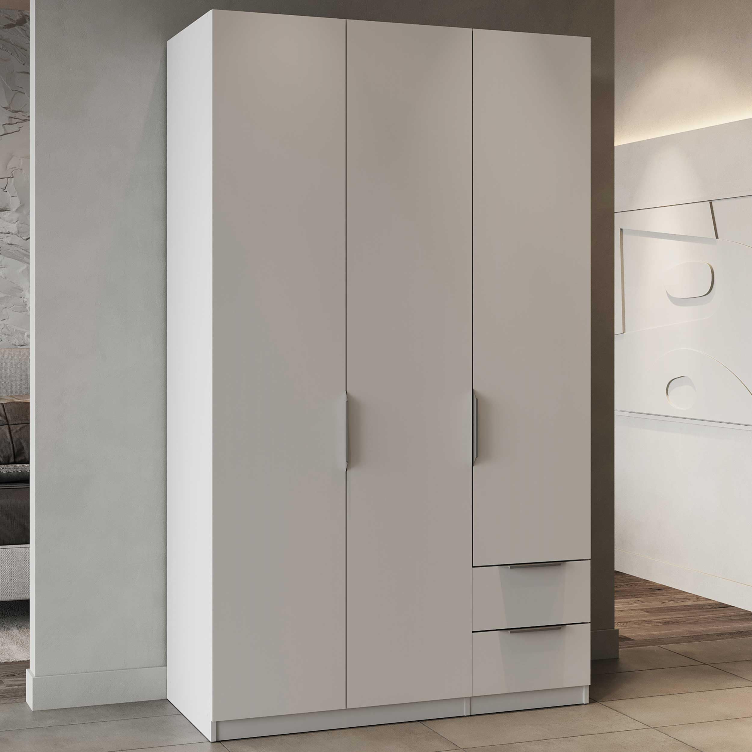 Armoire Dressing avec Penderie Moderne 3 Portes 2 Tiroirs 4 Niches – Coloris Blanc Mat - 119,4 x 51,1 x 203 cm