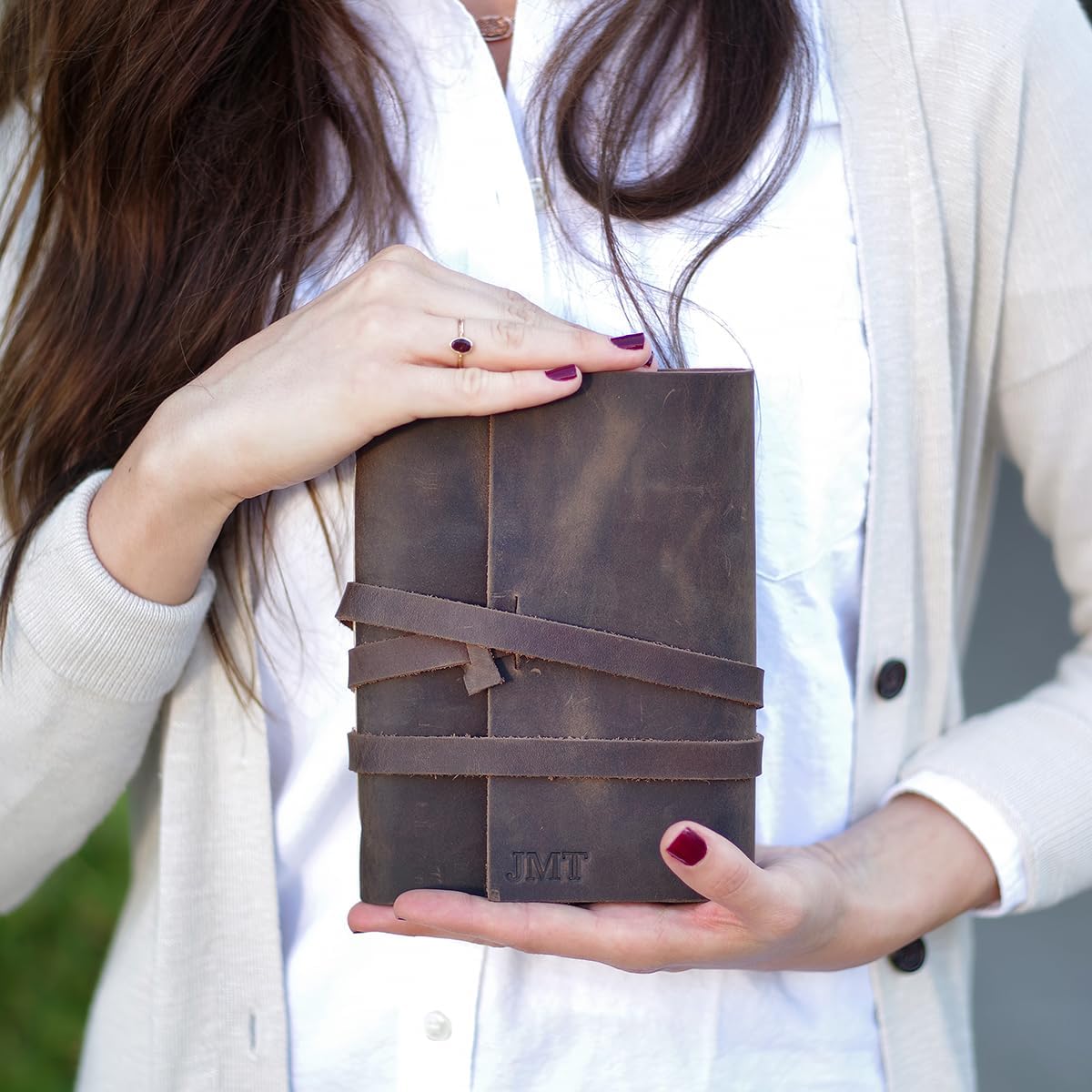 Ox & Pine Refillable Personalized Wrapped Leather Journal - Made From Full Grain Leather Comes With and Holds 4 Kraft Paper Notebooks (4x6, Unlined Paper, Rustic Brown)