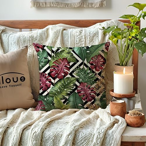 Miniatura 7 de Paquete de 2 fundas de almohada de hojas verdes tropicales con fondo geométrico, decorativas para el hogar, fundas de cojín cuadradas de algodón y