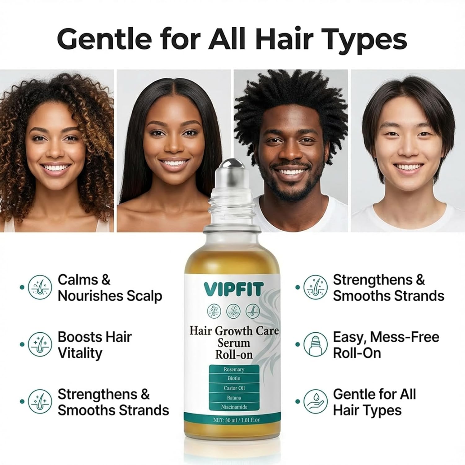 Hair Growth Care Serum Roll-On with Rosemary, Niacinamide, Amino Acids, Ginger, Biotin, Castor Oil, Batana & Caffeine, Nourishes Scalp for Thicker-Looking, Healthy Glow Hair, 30ml - Image 7