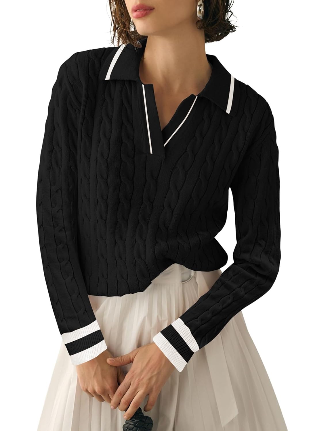 Micoson Womens Fall Long Sleeve Sweaters Lapel V Neck Cable Knitted Pullover Casual Soft Jumper Top