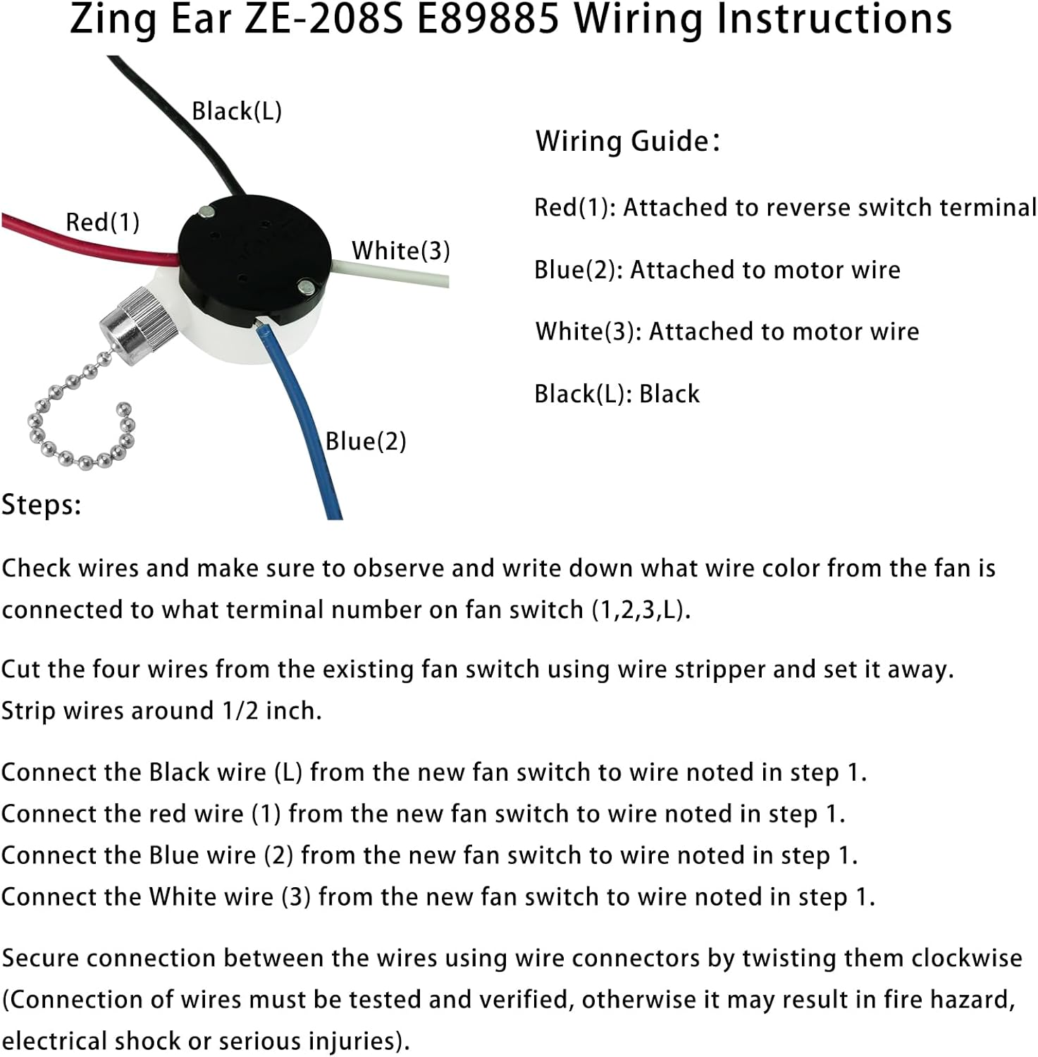 YOFOTHS Ceiling Fan Capacitor CBB61 4.5uf + 6uf + 5uf 5 Wire 250V, ZE-208S E89885 3 Speed 4 Wire Pull Chain Switch Silver