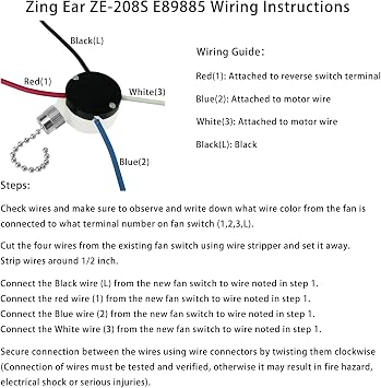 Zing Ear ZE-208S E89885 Ceiling Fan Switch, Silver, 3 Speed 4 Wire | Pull Chain, 4 Pre-Installed Wires, Light Fan Switch Replacement