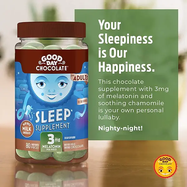 Good Day Chocolate Melatonin for Adults [ 80 Count ] - Fair Trade Non-GMO Chocolate with Chamomile and Melatonin 3 mg - Adult Melatonin, Adult Natural Sleep Aid Supplement 6