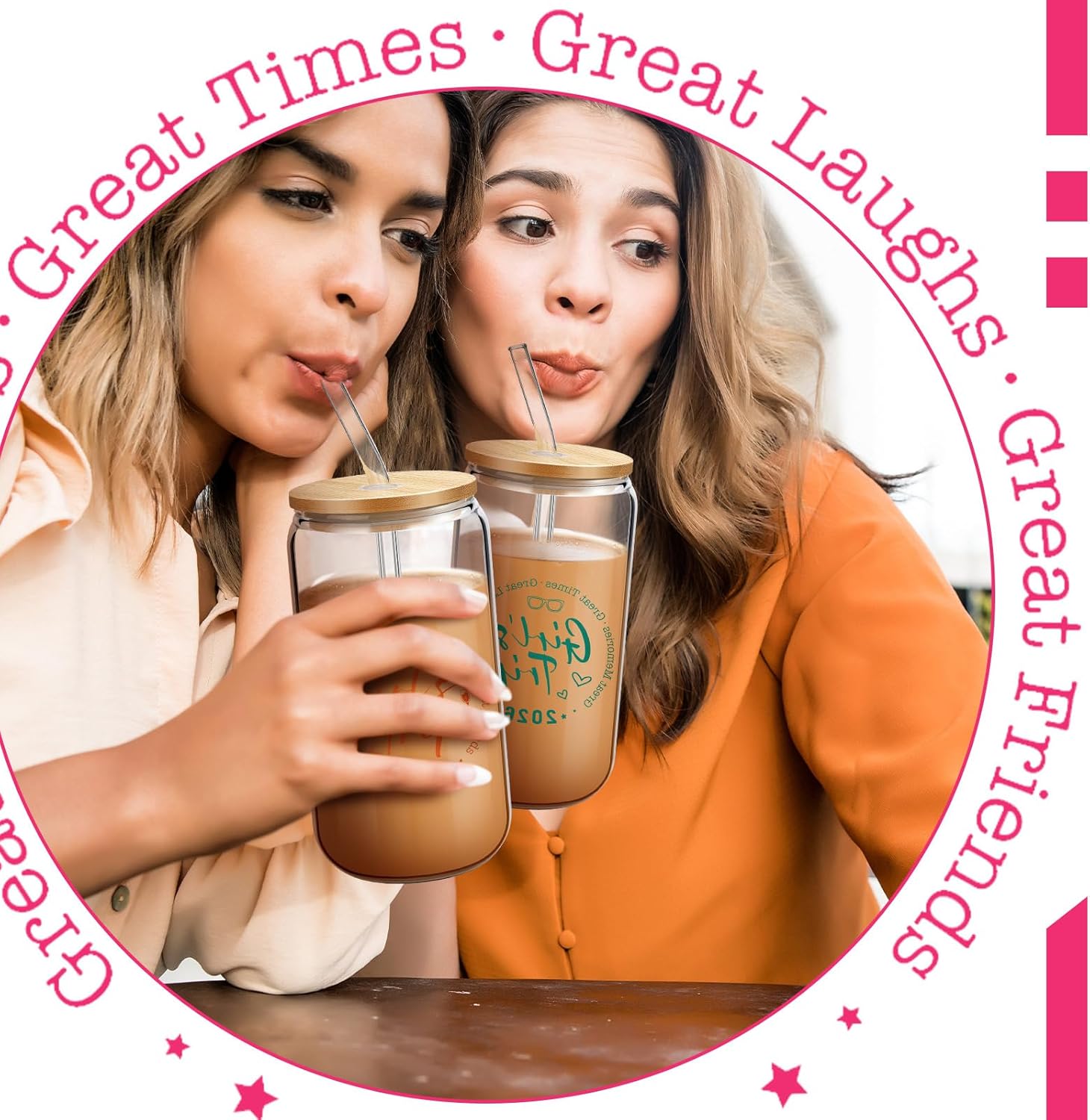 SiliFine 4 Pcs Girls Trip Glass Cups Gift Favors with Lids and Straws 16 oz Travel Weekend Bestie Friendship Presents for Women Wedding Bachelorette Vacation Party
