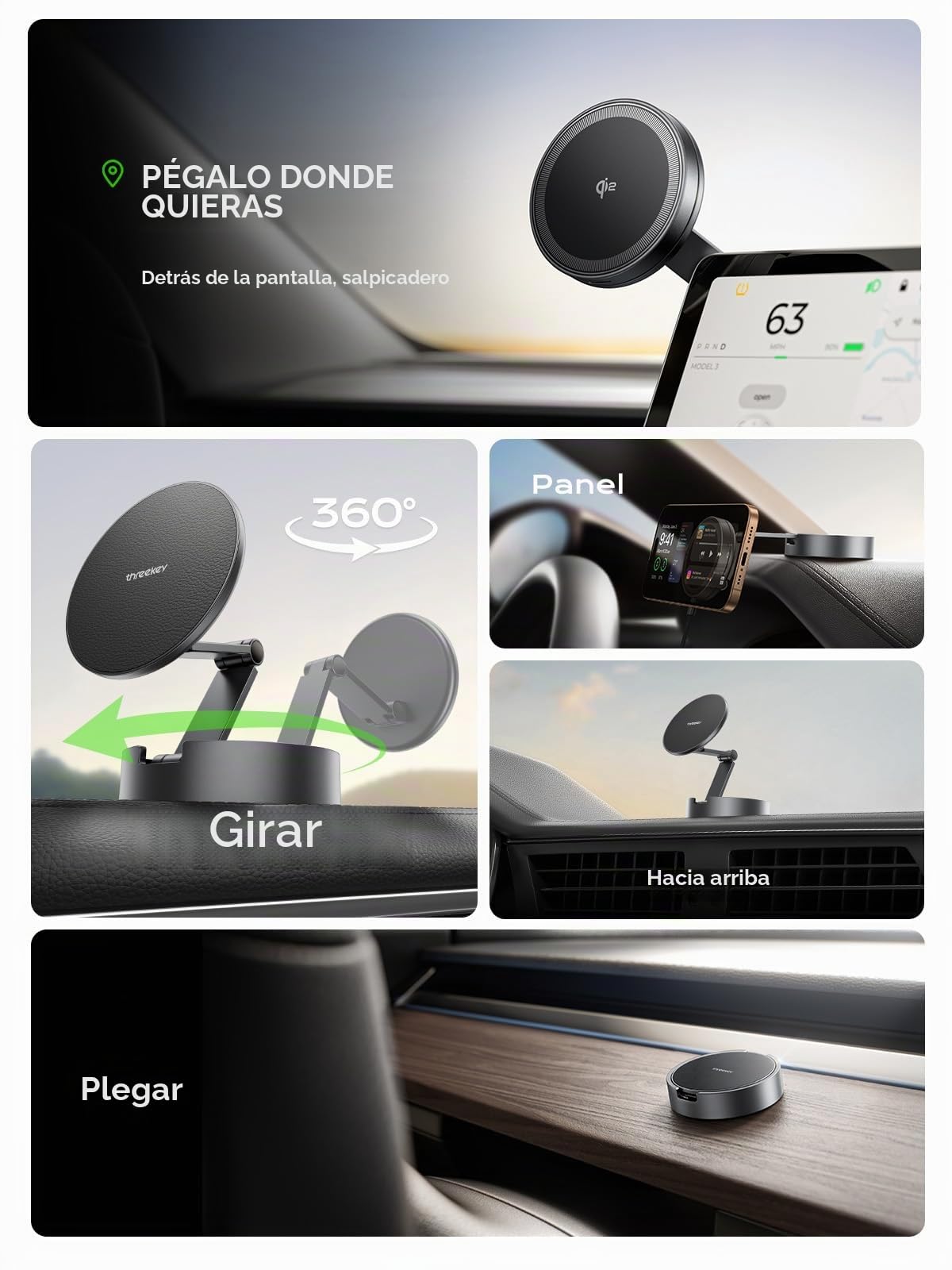 THREEKEY Cargador Inalámbrico Coche, Qi2 15W para Magsafe Soporte Magnético Móvil con Brazo Largo y Rotación 360°, Compatible iPhone 16/15/14/13/12 Series & Galaxy S25 Ultra, Negro
