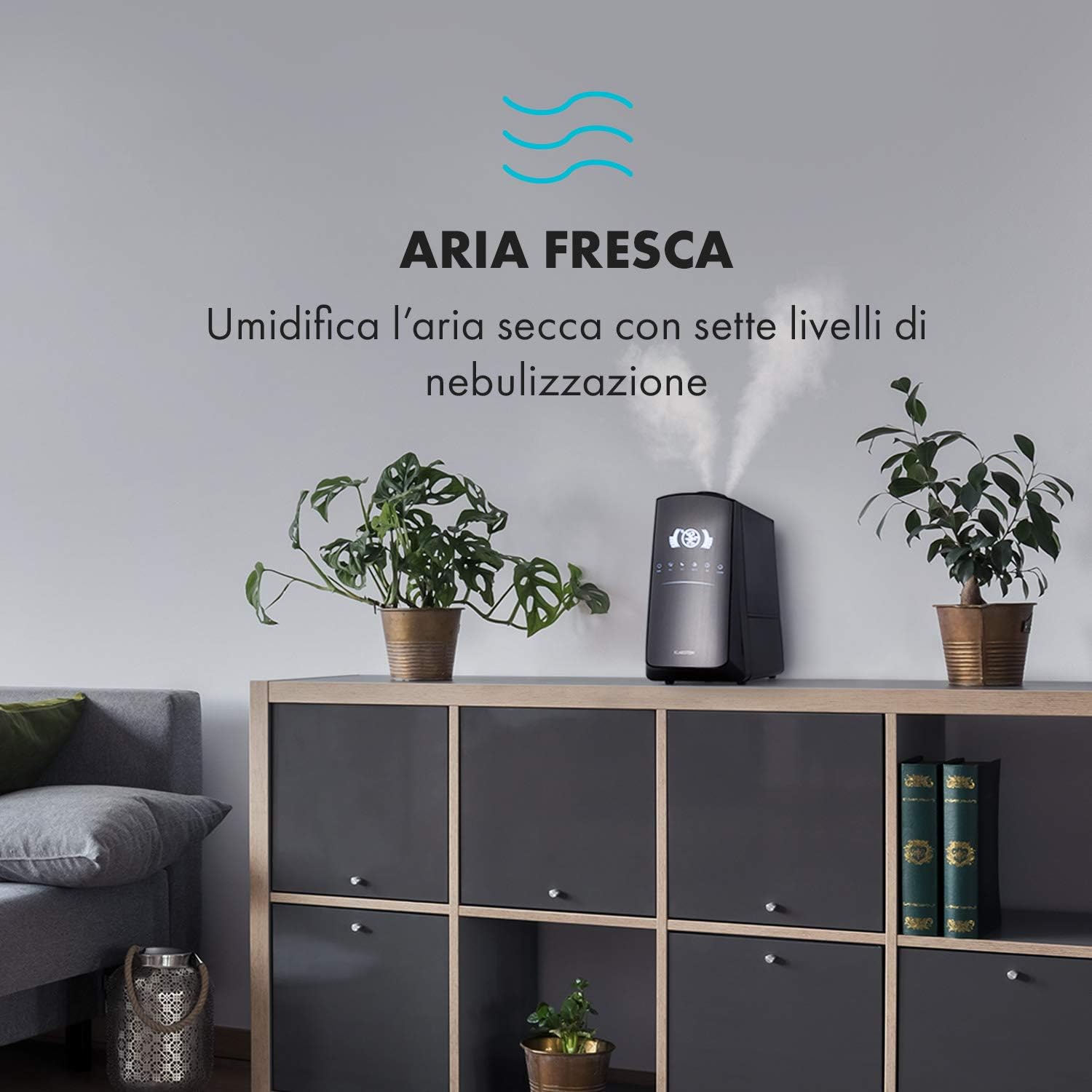 Humidifier emitting mist in a living room setting