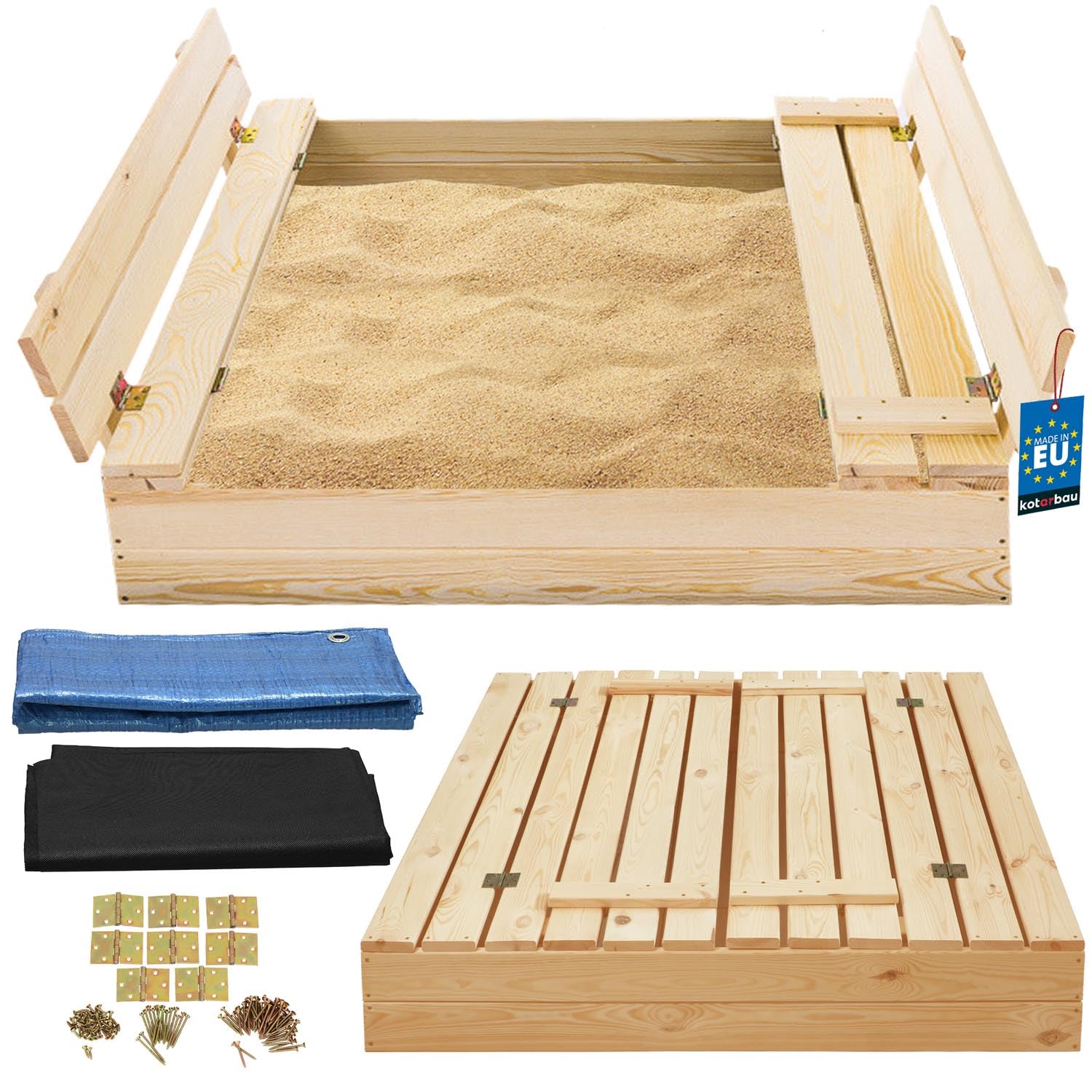 KOTARBAU® Sandkasten mit Abdeckung - 100 x 100 cm - Sandkiste aus Holz - Sandkasten mit Deckel & Sitzbänken - Gartenspielzeug für Kinder - mit Sandkastenvlies - Holz - Natürlich