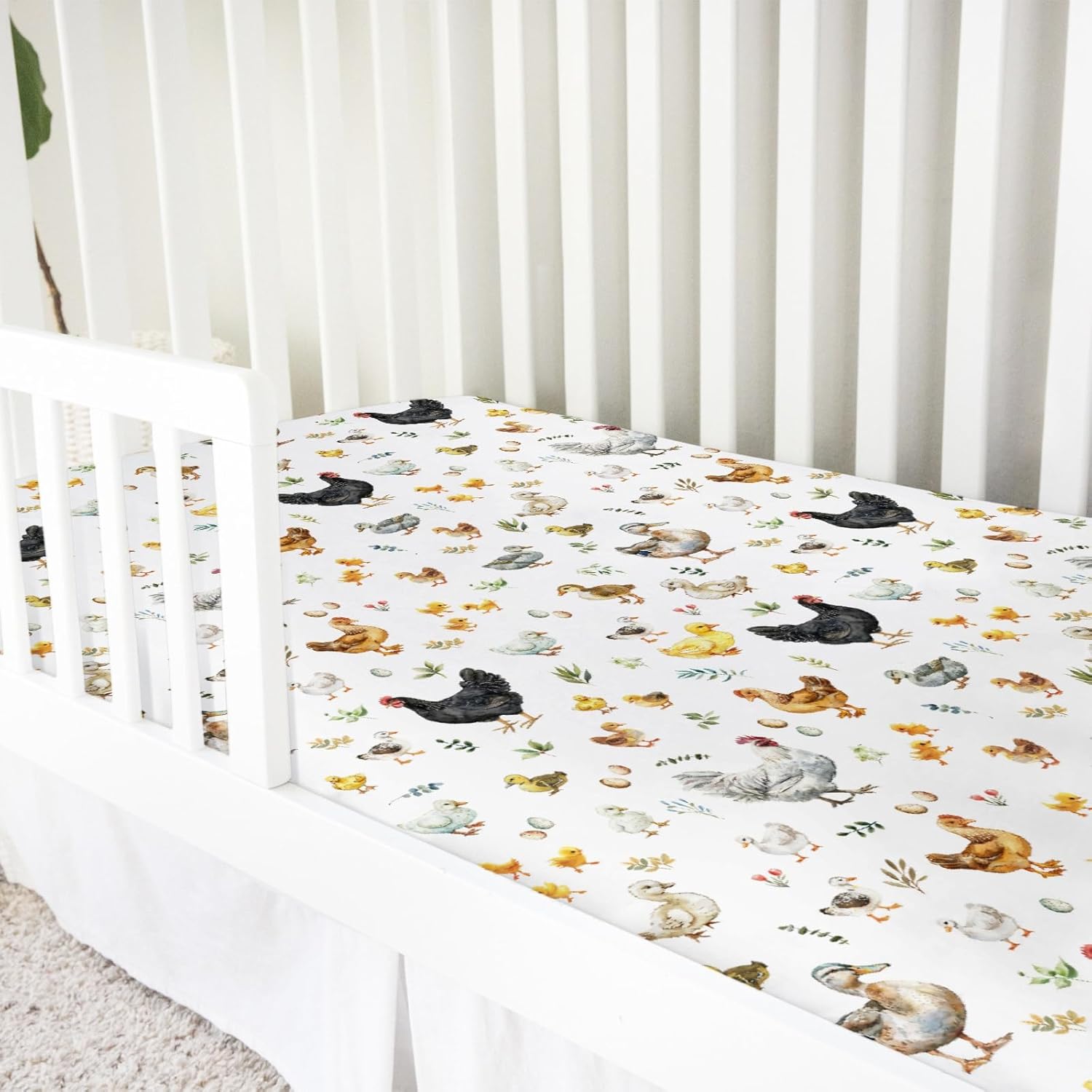 Spring Farm Animals Boho Leaves Baby Crib Mattress Sheet 52''x28'' Chick Rooster Hen Duck Eggs Snug Fitted Crib Mattress Cover for Boy Girl Soft Baby Sheets for Standard Crib Toddler Mattress Cover