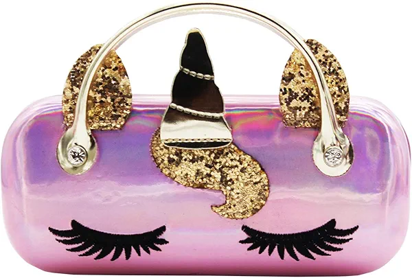 Kids Girls Boys Eyeglass Case Glasses Pouch unicorn Dazzling Sparkle Glitter Hard Shell with Handle