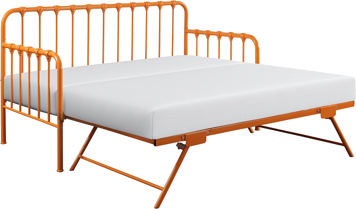 Orange metal daybed with the trundle neatly tucked underneath the main bed.