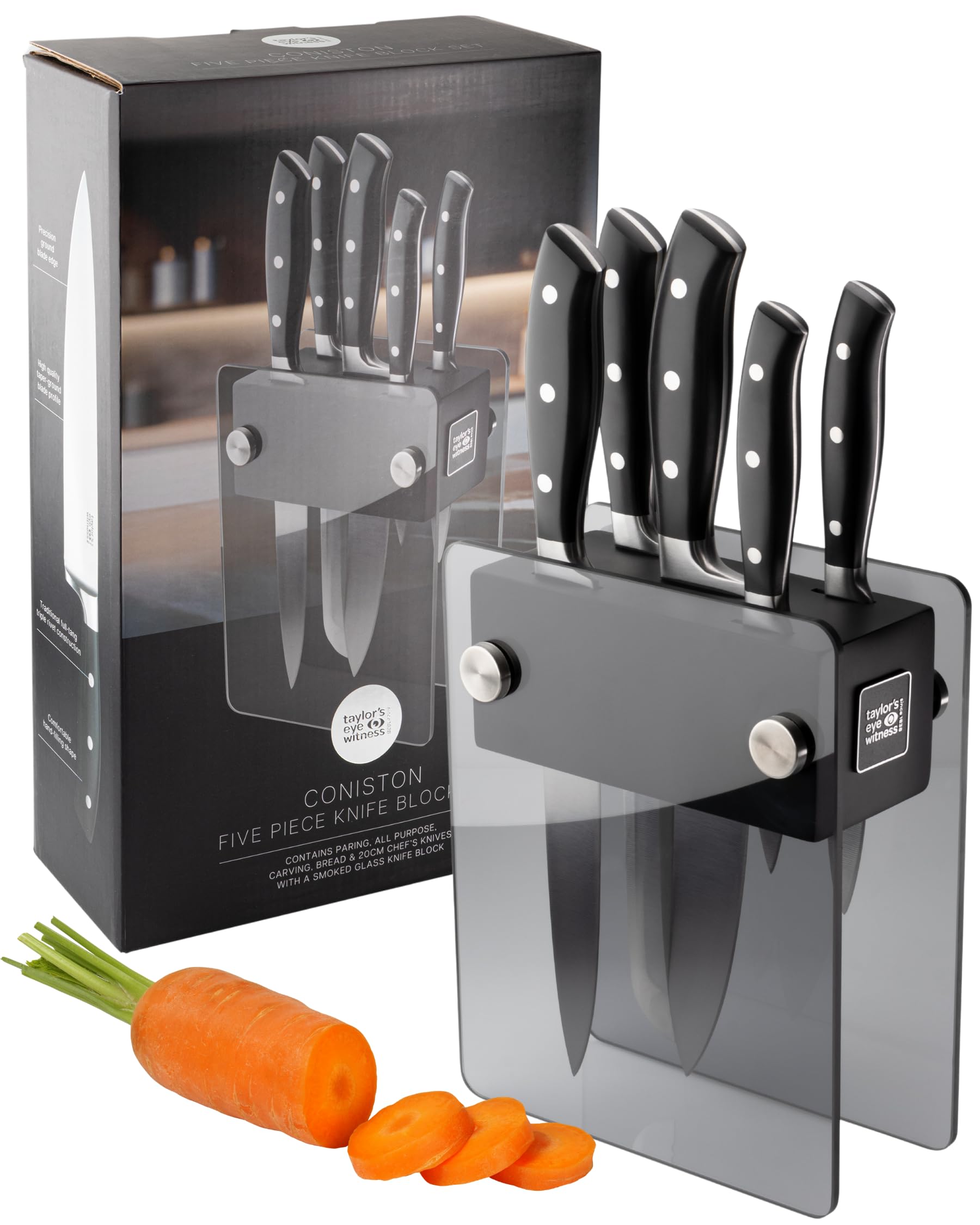 Taylors Eye Witness Coniston 5-Piece Knife Block Set – Ultra Sharp Kitchen Knives with Smoked Glass & Black Wood Block – Chef, Paring, Vegetable, Bread & Carving Knives