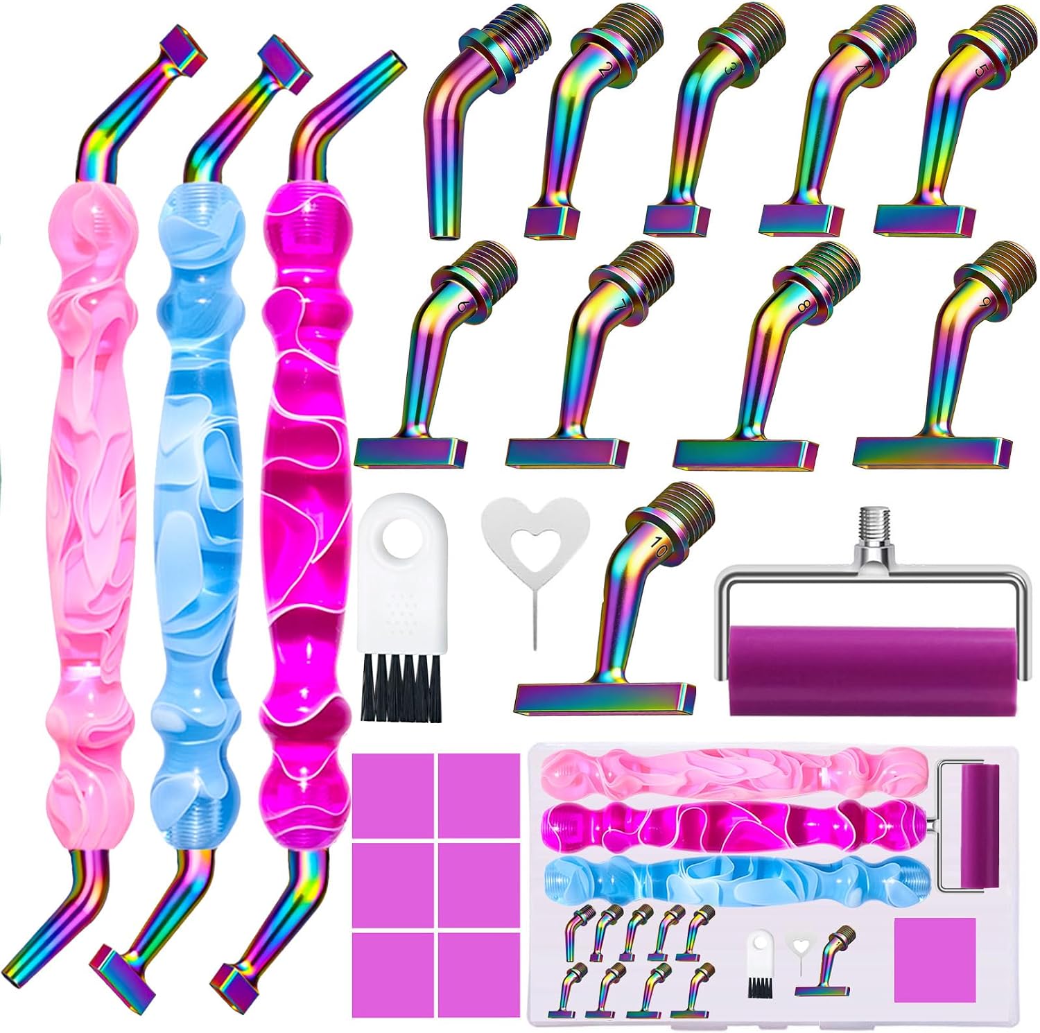ZYNYXY 22PCS Ergonomic Diamond Art Pens Kits, with 135° Elbow Metal Screw Steel 1~10, Tips, Placers Roller Accessories for 5D Diamond Art Craft & DIY Nail (Purple Pen Tips Set)