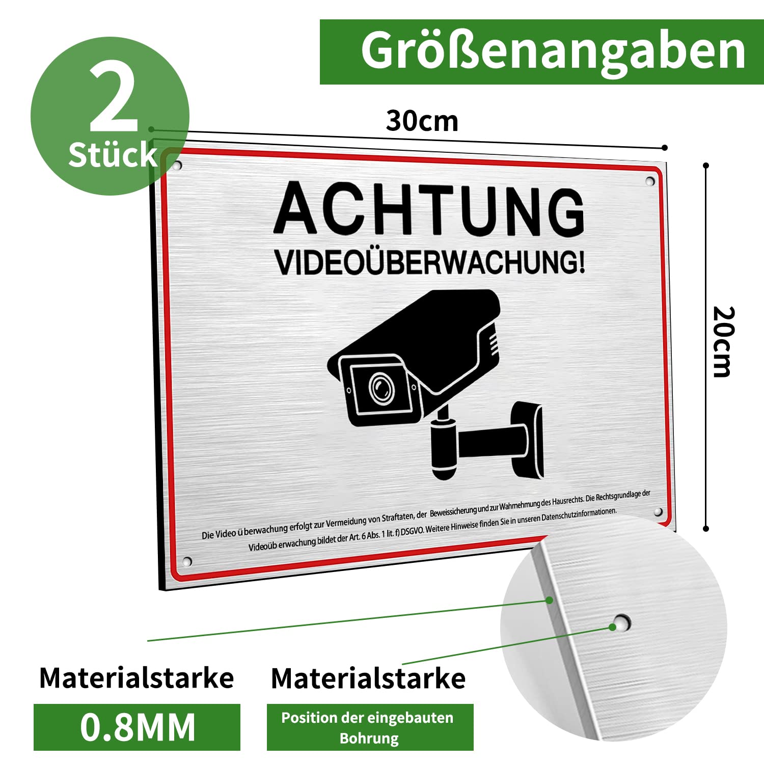APACALI Videoüberwachung Schilder – 5 Stück, 30x20 Cm, Aluminium, Selbstklebend & Mit Bohrlöchern