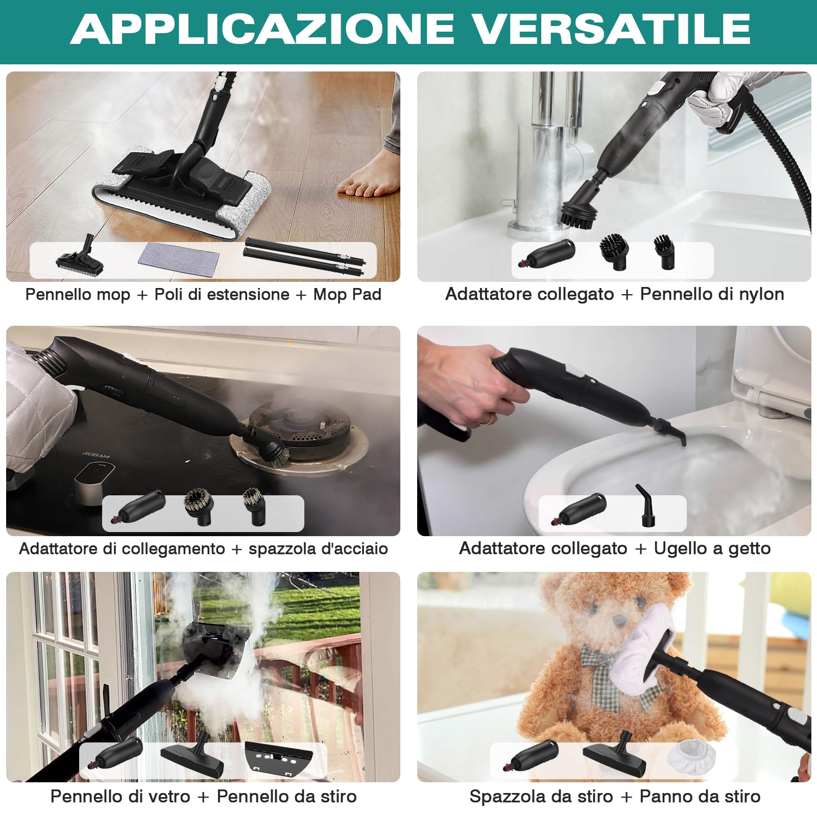 Pulitore a vapore multiuso, per tutto con accessori 23, rimozione di carta da parati, tappeti, divani, mobili imbottiti, auto, piastrelle, tappezzeria, bagno - 1,5 l