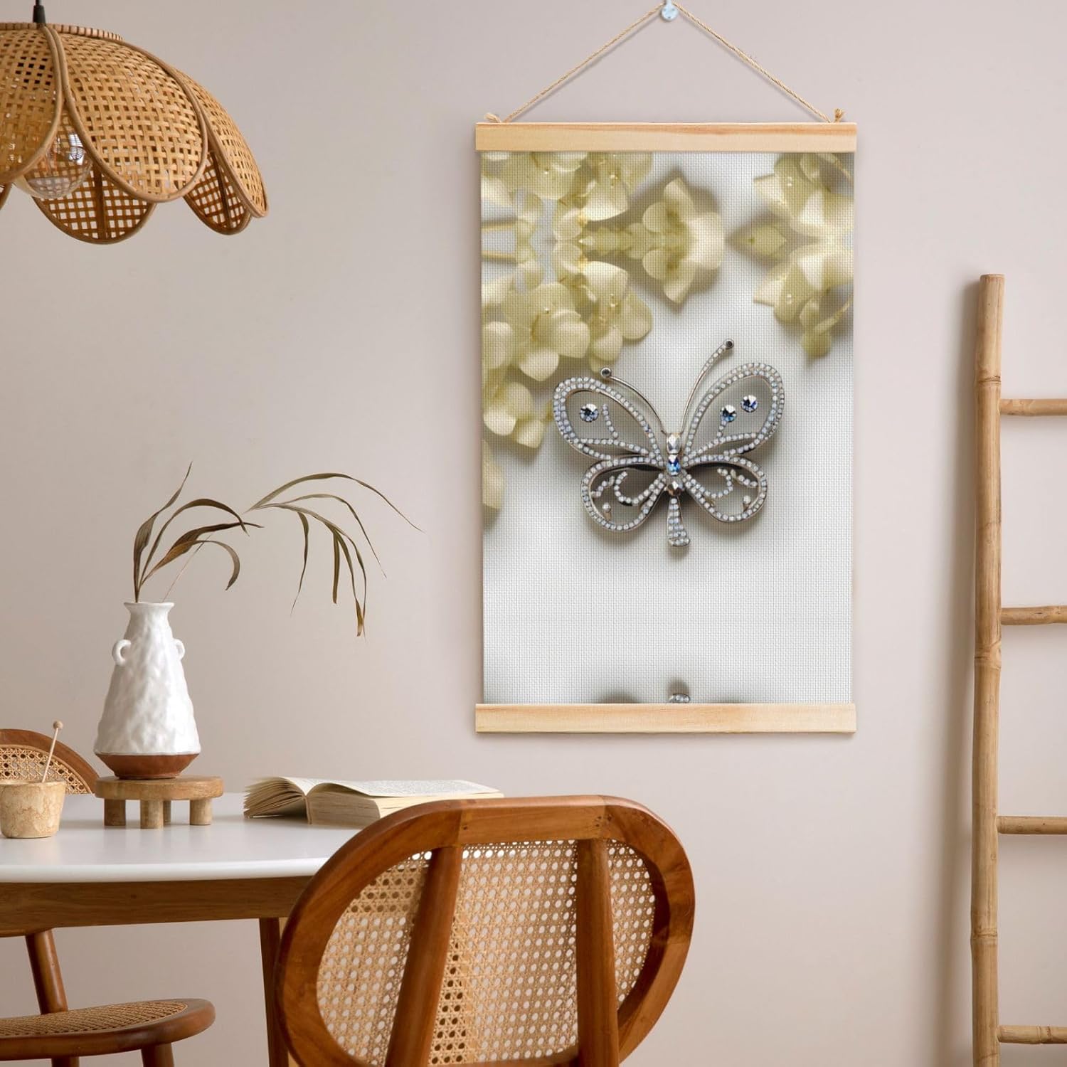 Rhinestone Butterfly And Flower Print Poster Hanger,Hanging Poster, Poster Frame,Wood Poster Hanger, For Wall Hanging