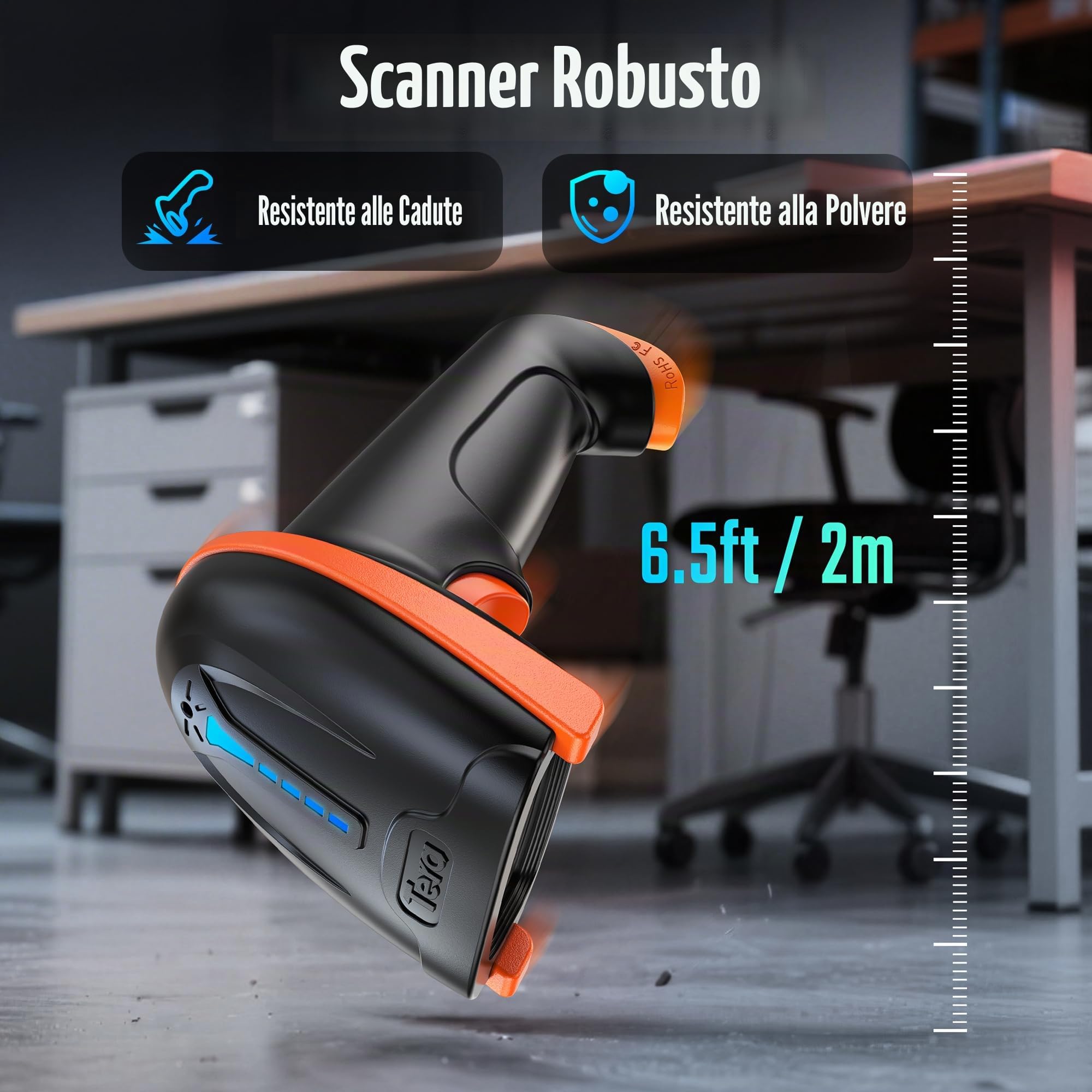 Tera Lettore di codici a barre 1D 2D QR senza fili 2,4 GHz + cavo USB 2,0, lettore di codici a barre con supporto, risoluzione 5 mil, portata 100 m, D5100.