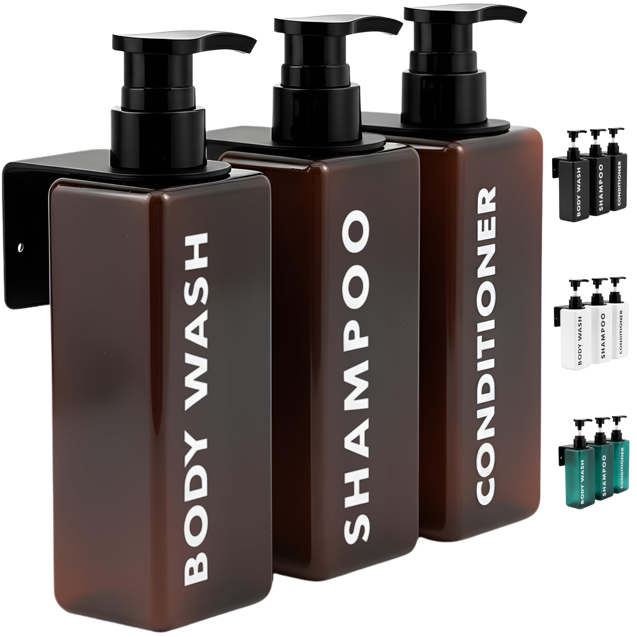 Matte Amber Shower Gel and Shampoo Dispenser 500 ml | Set of 3 Bottles for Gel and Shampoo + Conditioner + Filled Funnel + 3 Wall Hangers | Bathroom Soap Dispenser Wall Elegant and Sustainable