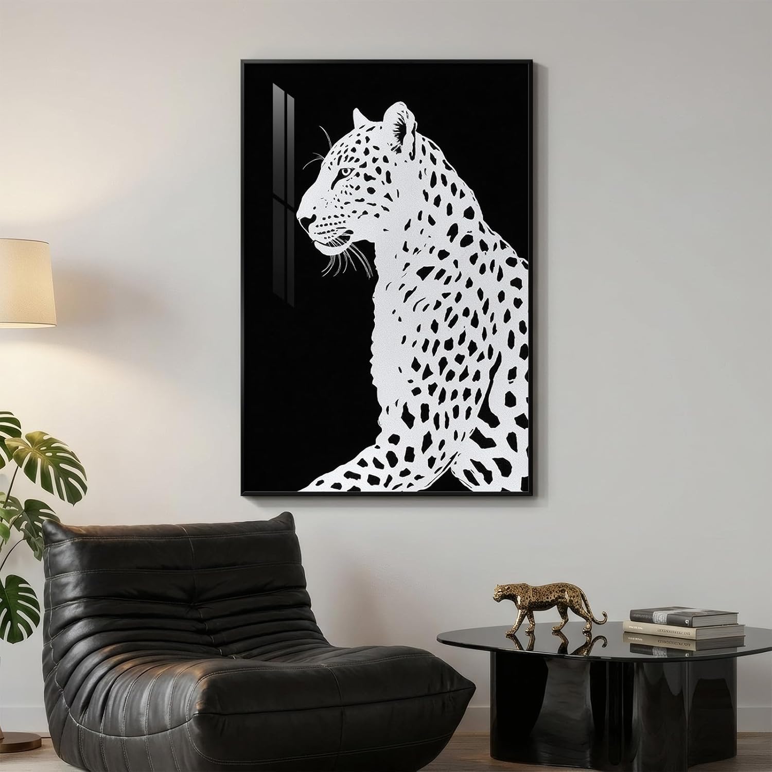 Framed Modern Animal Black and White Wall Art, Large Leopard Animal Prints, Contemporary Minimalist Elegant cheetah Pictures for Living Room Bedroom Dining Room Hallway Office Wall Decor 24x36In 36"L x 24"W Snow Leopard in the Dark Night