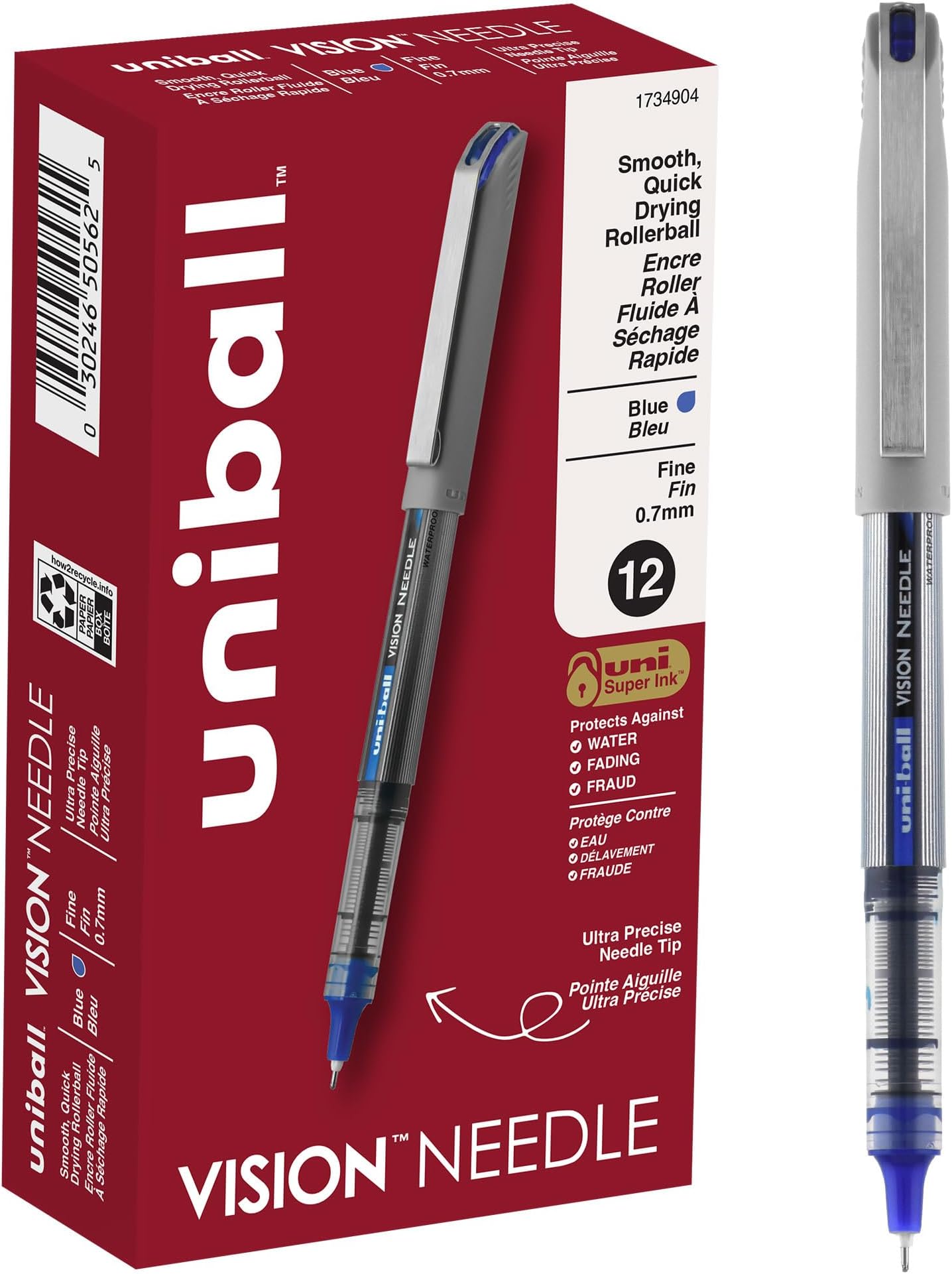uniball Vision Needle Rollerball Pens with 0.7mm Fine Point, Blue, 12 Count